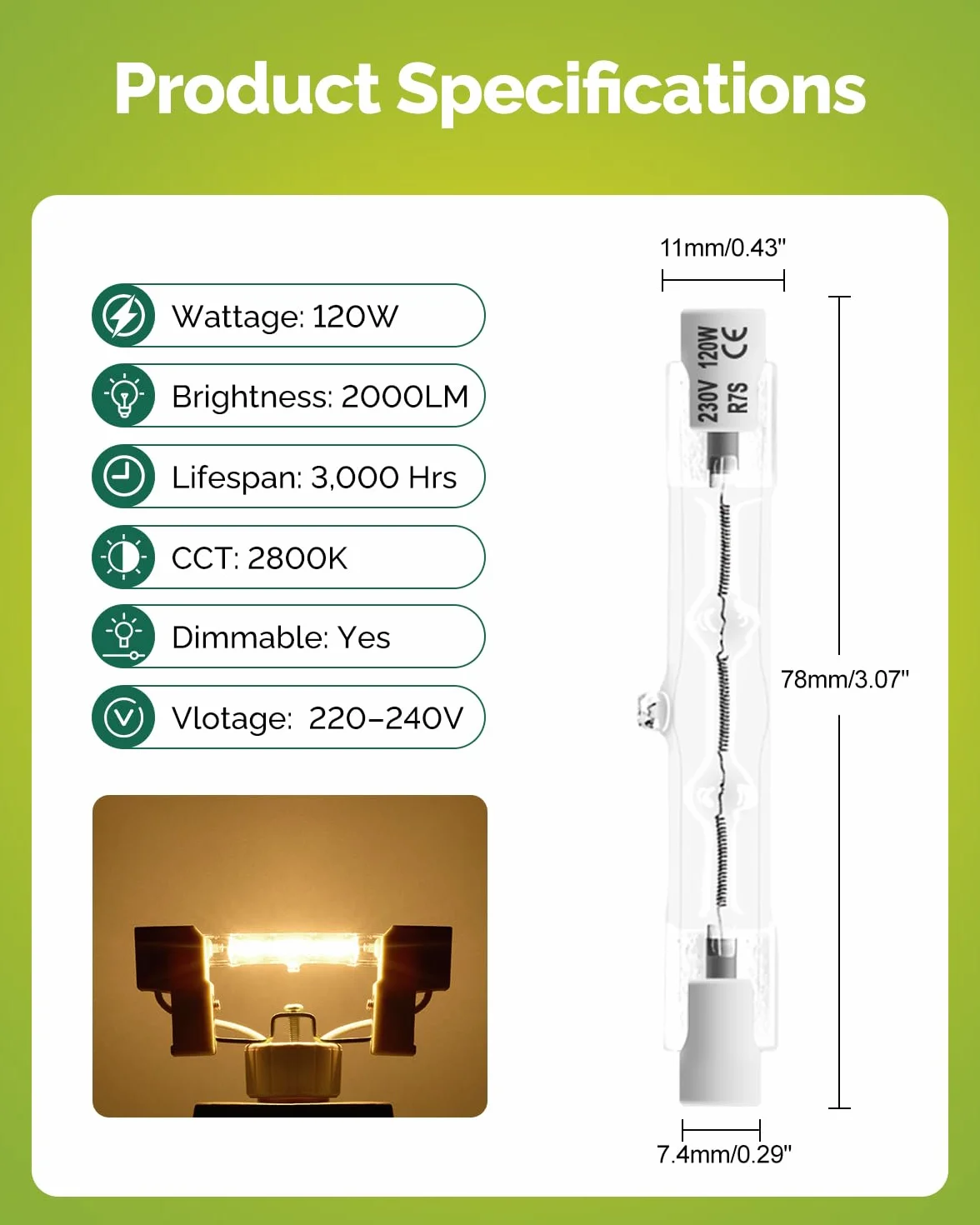 Fondiiz Żarówki Halogenowe R7s 78mm 120W 2000LM Dimmable 2800K Ciepła Biała 6 Sztuk