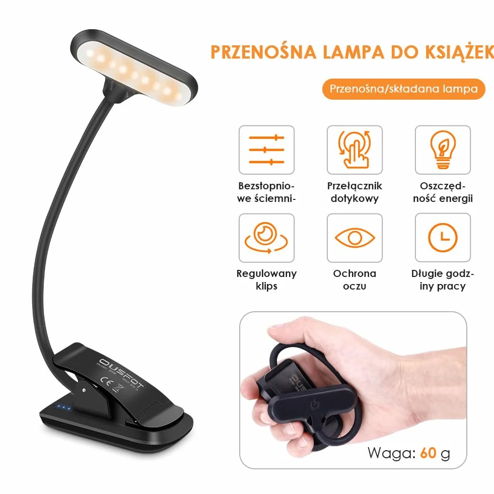 OUSFOT Lampka do Czytania z Klipsem 9 LED USB 3 Jasności Regulacja 360° Elastyczna Lampa LED