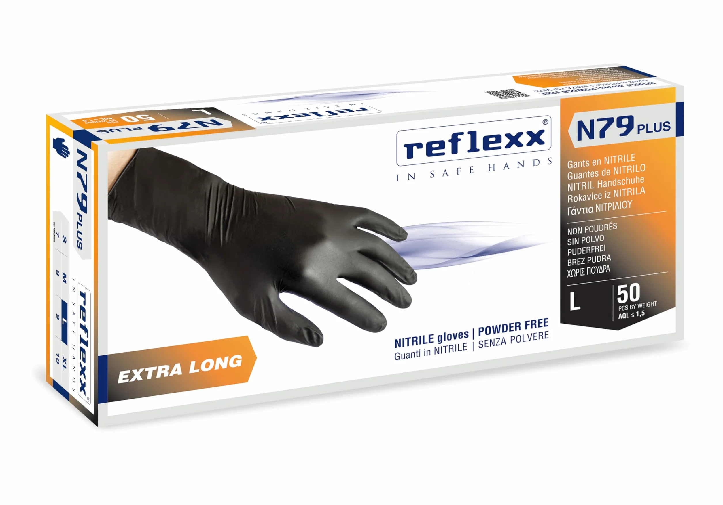 Reflexx N79P/L Ekstra długie, 30 cm, bezpudrowe rękawiczki nitrylowe gr7.7, rozmiar duży, czarny (50 szt.)