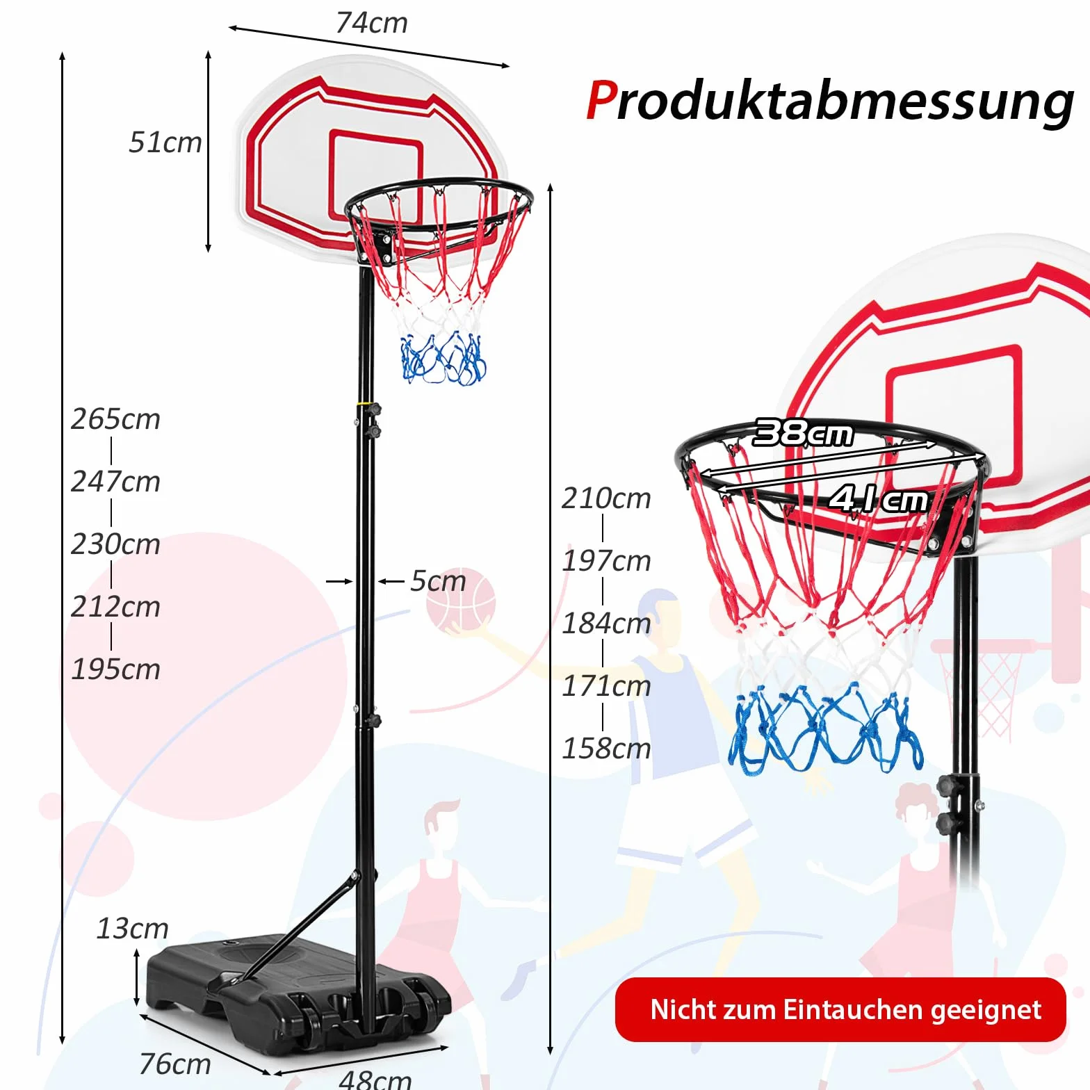 COSTWAY Stojak do koszykówki 158-210 cm, z regulacją wysokości, kosz do koszykówki ze stojakiem i 2 kółkami i 2 siatkami na każdą pogodę, kosz dla dzieci, młodzieży, mobilny system do koszykówki, do
