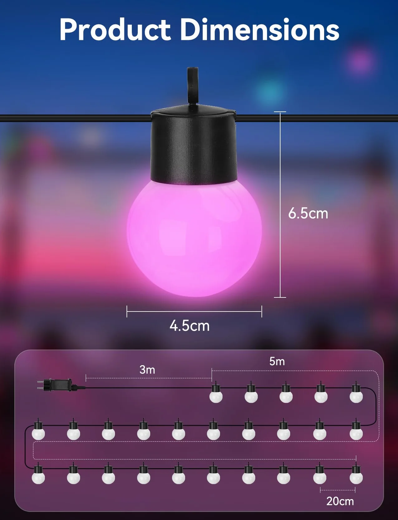 Aigostar Smart RGBIC Girlanda Ogrodowa 5 Metrów, 25 LED G45 Lampy, Sterowanie Segmentami Koloru, Synchronizacja z Muzyką, 39 Dynamicznych Trybów, IP44 Wodoszczelna do Wnętrza i Ogrodu