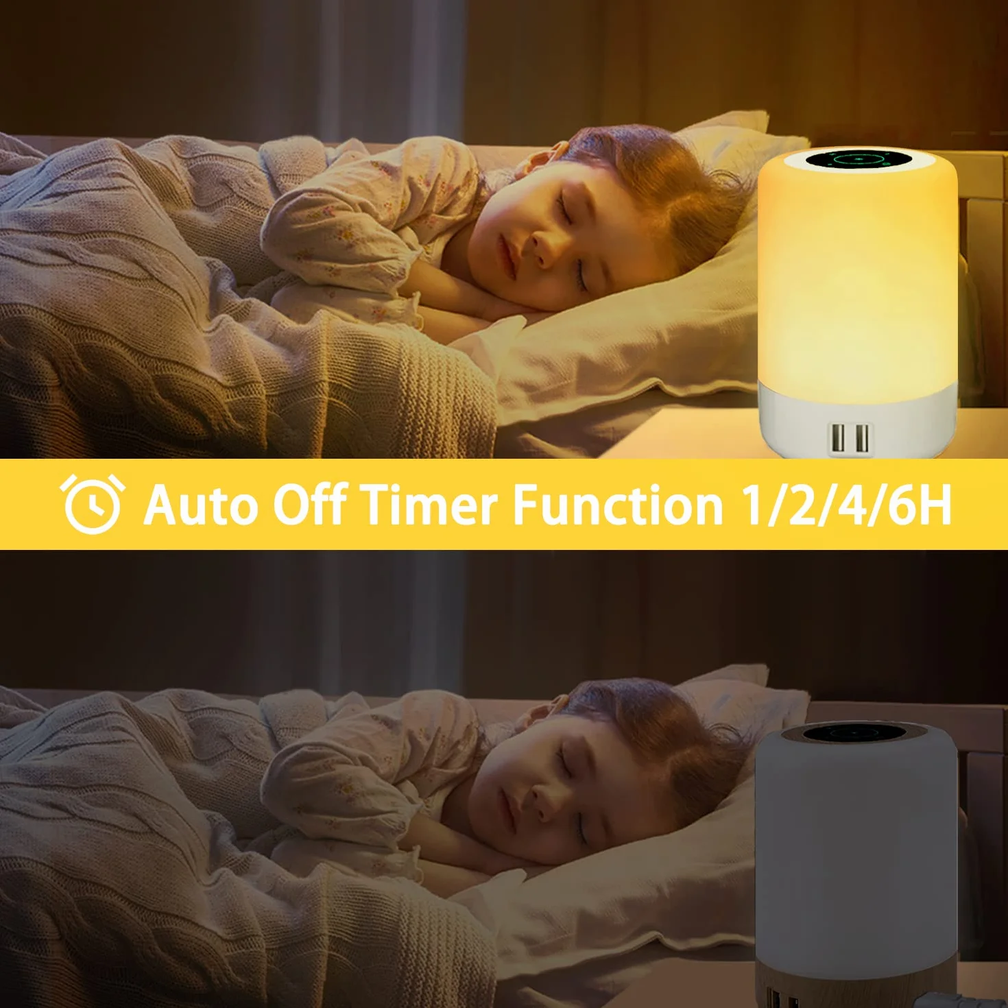 Lampka Nocna LED Dotykowa Ściemniana 4 Porty USB-A 8 Kolorów 10 Poziomów Jasności Lampa Stołowa do Sypialni