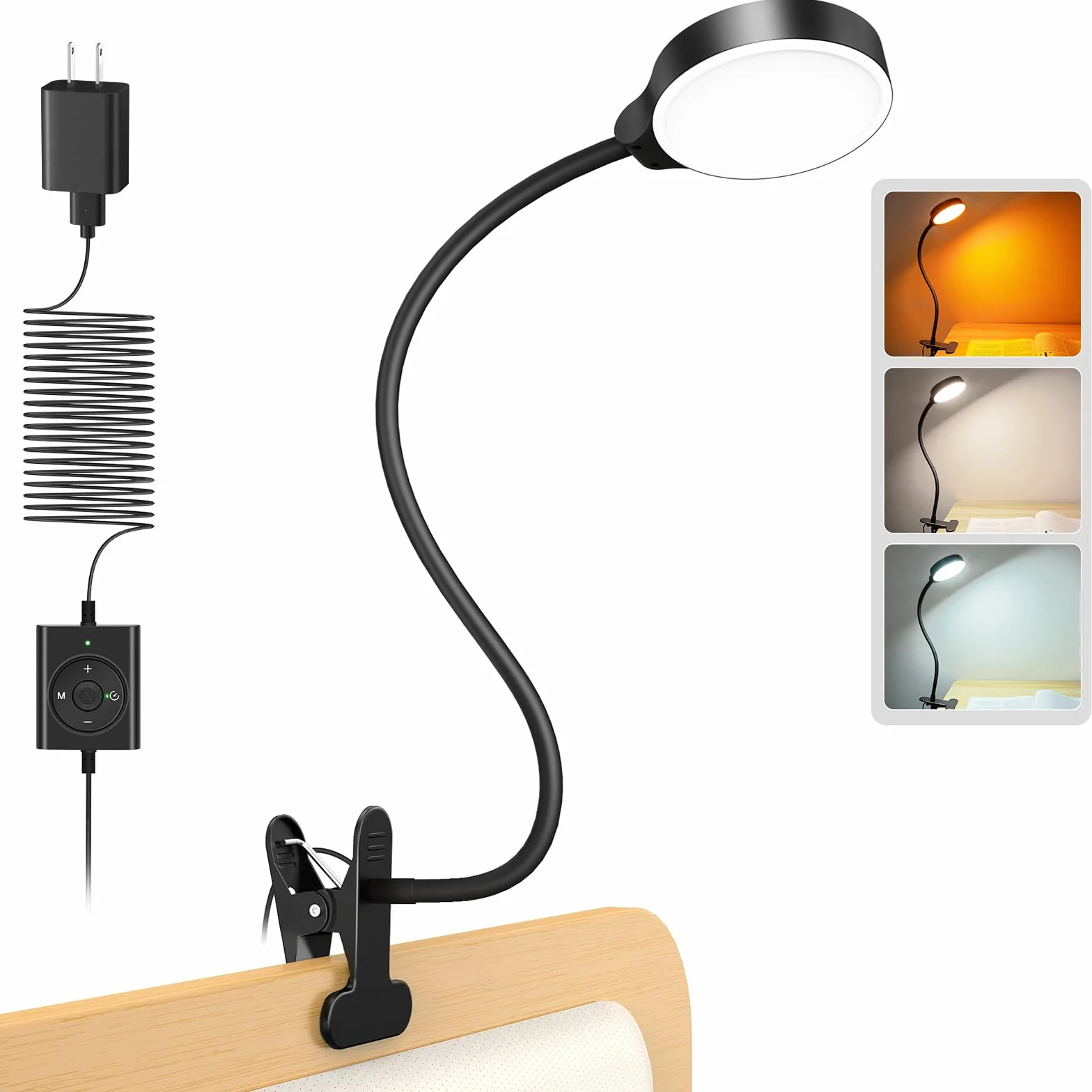 Glocusent Lampa biurkowa LED 5 W 36 koralików CRI 90 3 kolory 5 jasności czarna z adapterem
