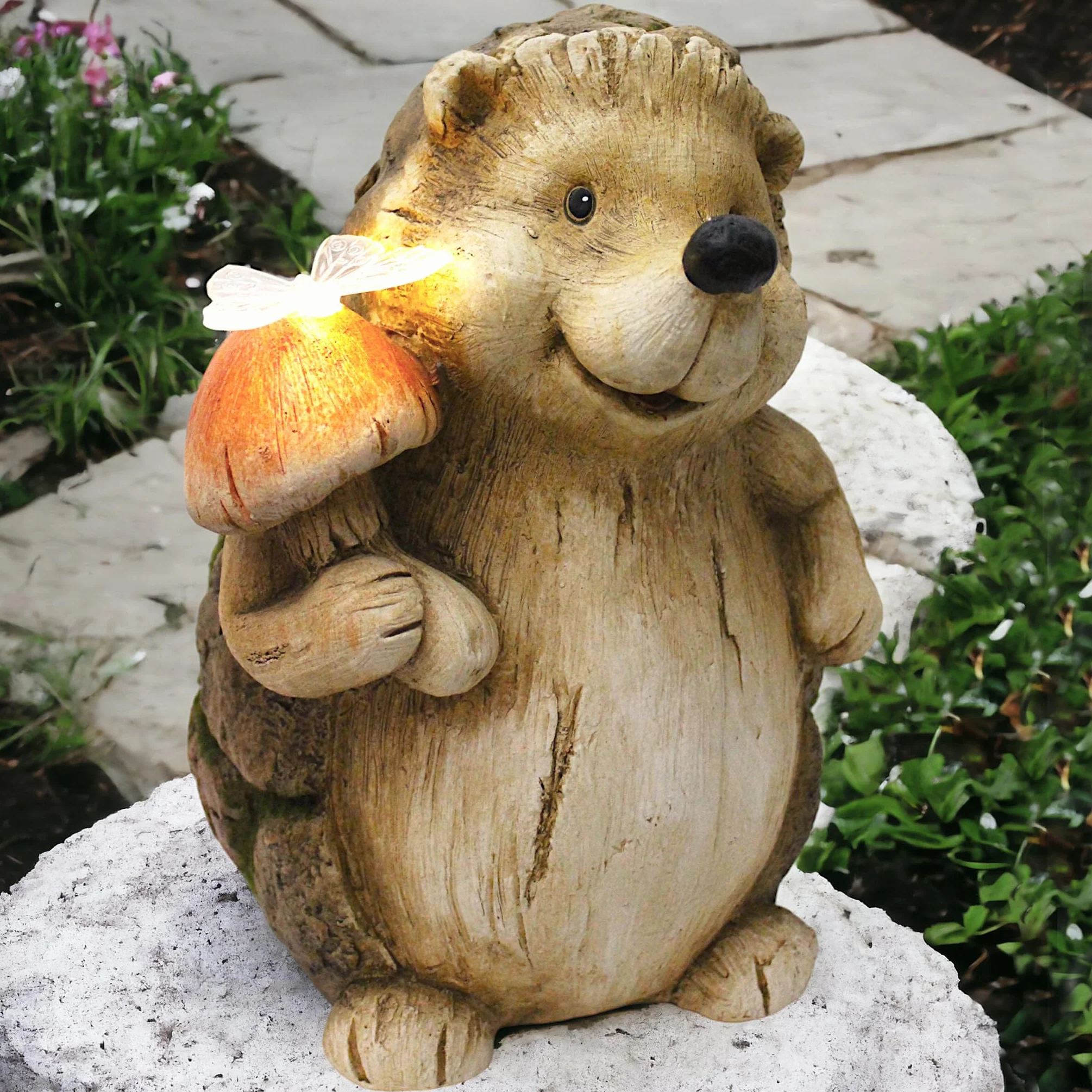 Arnusa Solarna figurka ogrodowa lampa solarna 3 kg 33,5 cm jeż z motylem