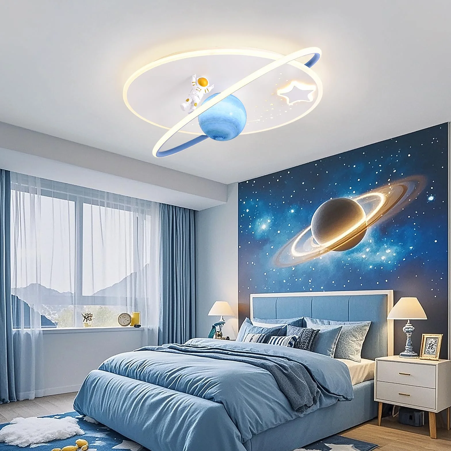 Lampa sufitowa LED ściemniana z pilotem zdalnego sterowania astronauta księżyc dekoracyjna do pokoju dziecięcego