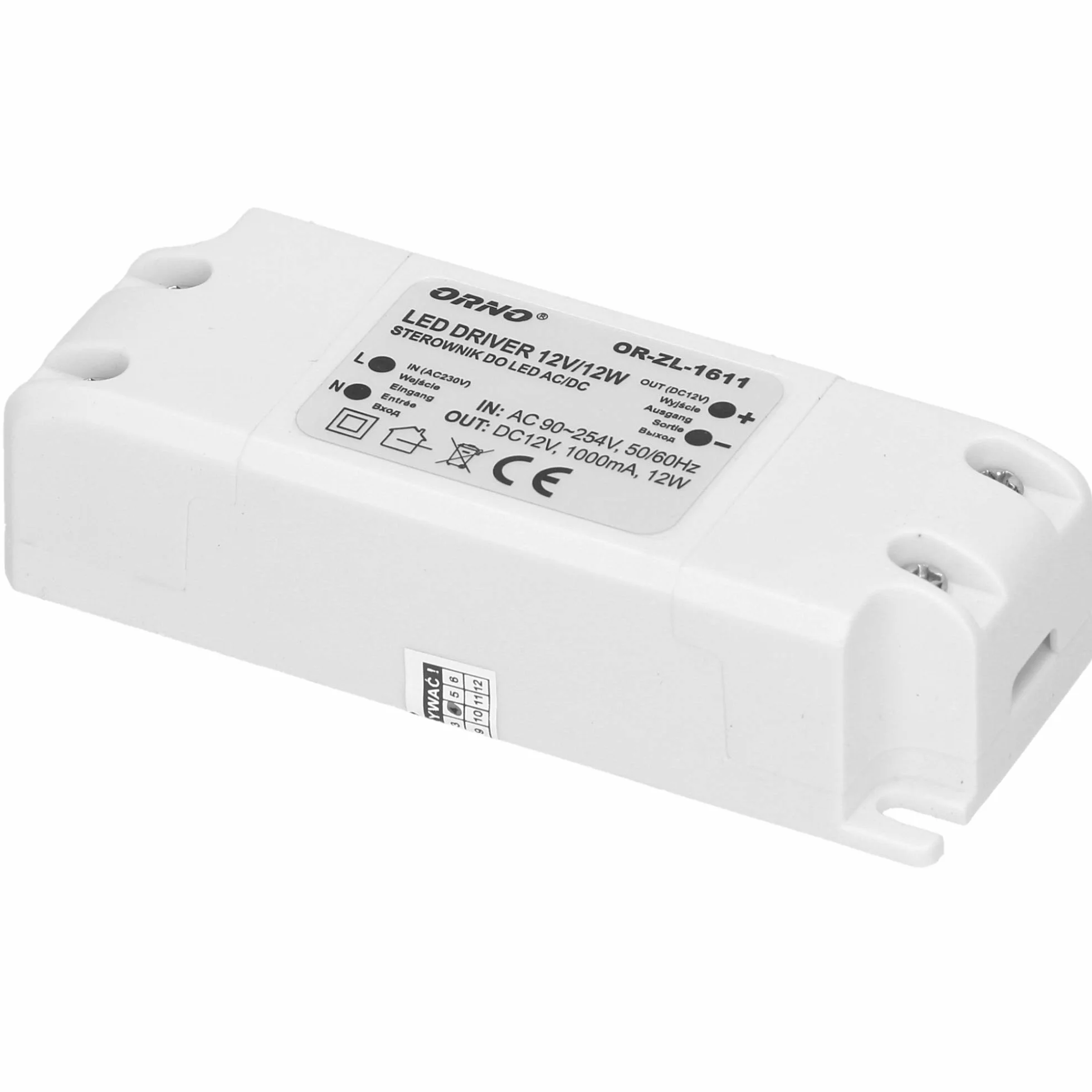 Orno Transformator 12 V (90 VAC-254VAC do 12 VDC) do żarówek LED G4 MR11 MR16 GU5.3 LED (6W-50W), IP20 (12W)