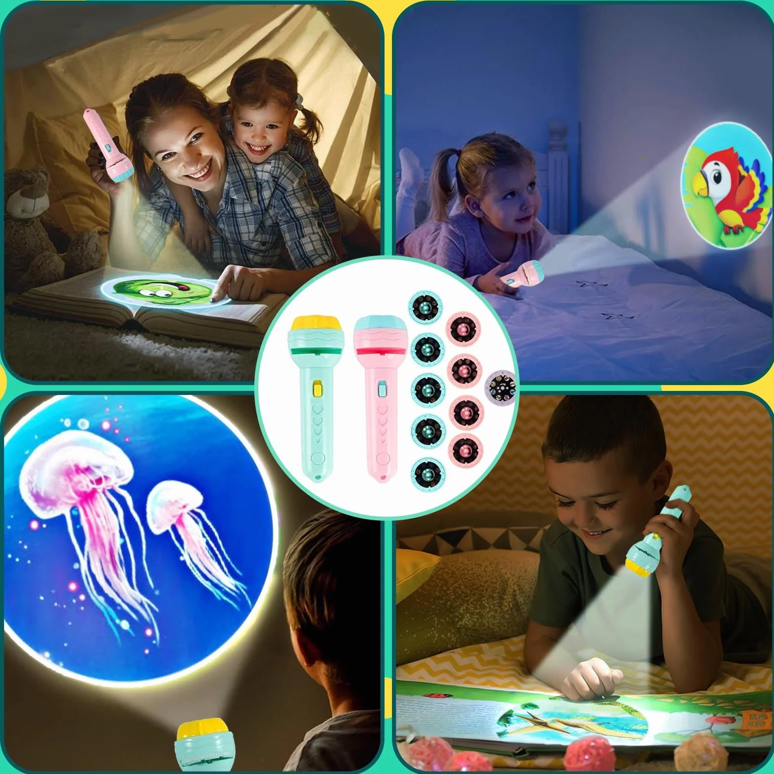 Latarka dla dzieci, projektor kieszonkowy dla dzieci,zestaw 2 latarek projektorowych dla dzieci,z 80 wzorami zwierząt,owoców, cyfr,realistyczny prezent świetlny dla chłopców i dziewcząt w wieku lat