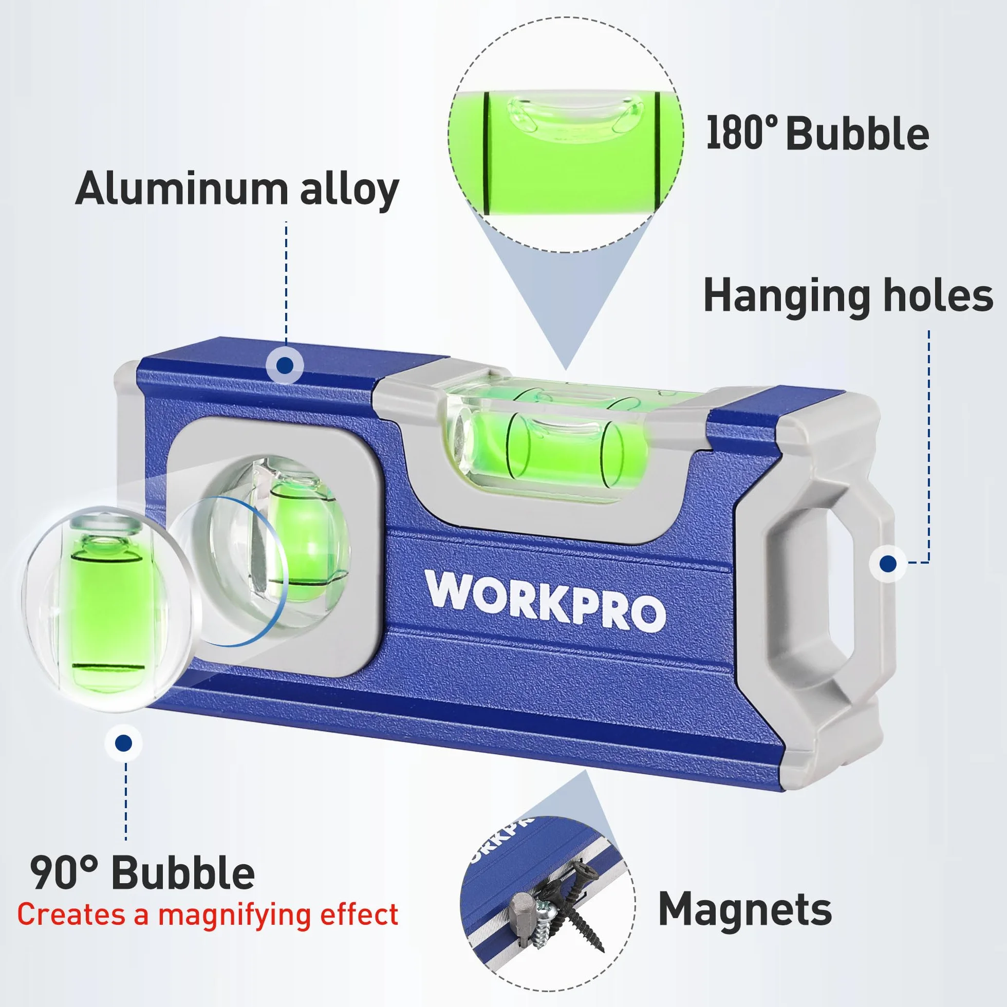 WORKPRO Poziomica magnetyczna 115 mm, mini z 2 fiolkami 90°/180°, otwór do zawieszenia, stop aluminium, mocny magnes