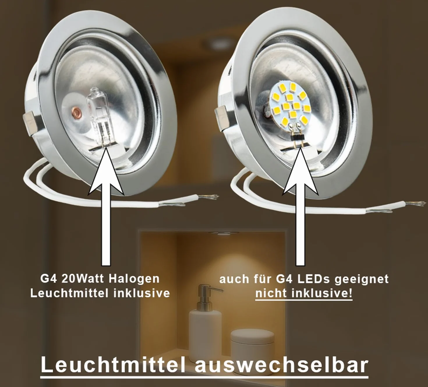 Ultra płaska lampa do zabudowy meblowej 12 V G4 20 W z żarówką ściemniania otwór 55-58 mm średnica zewnętrzna 72 mm głębokość montażu 25 mm wymienne żarówki