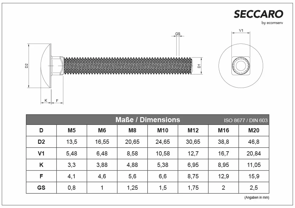 SECCARO Śruba zamkowa M10 x 20 mm stal szlachetna V2A A2 DIN 603 ISO 8677 płaska okrągła główka z nasadką czworokątną pełny gwint 20 sztuk