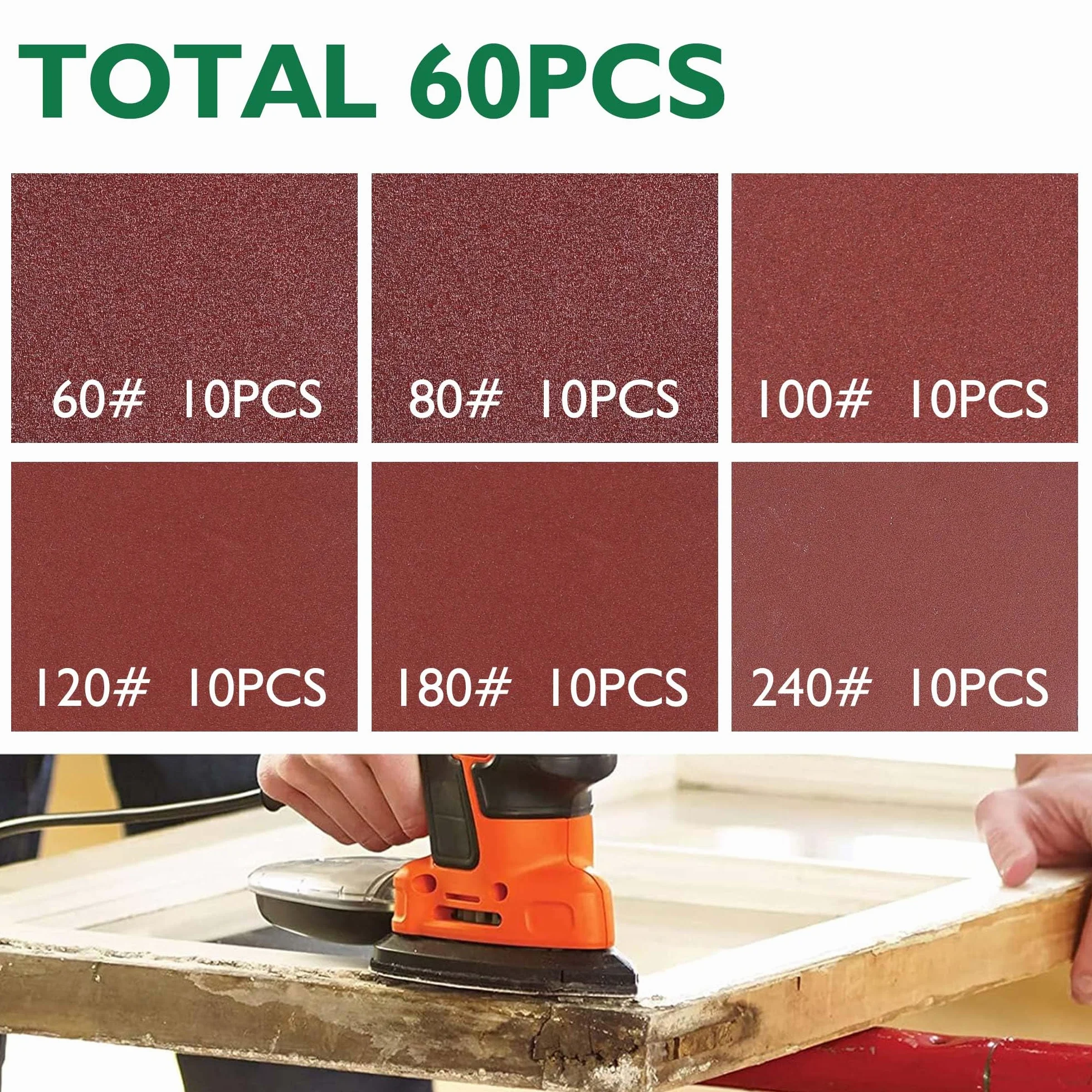 60 sztuk papieru ściernego, szlifierki trójkątne, 140 mm x 90 mm, 5-otworowe, zestaw 10 x 60/80/100/120/180/240