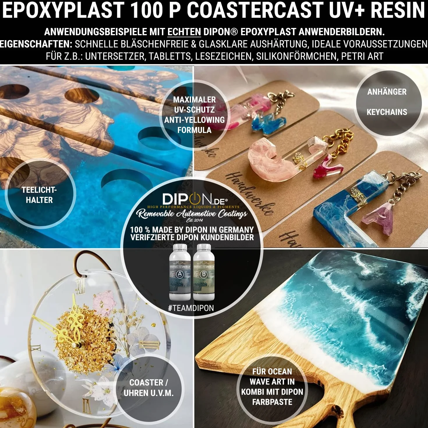 CoasterCast 100 sztuk żywicy epoksydowej, zestaw 100 sztuk, UV+ 3 kg, krystalicznie czysta i bez pęcherzyków powietrza, maksymalna ochrona przed promieniowaniem UV, bez BPA, nietoksyczna, nadaje się