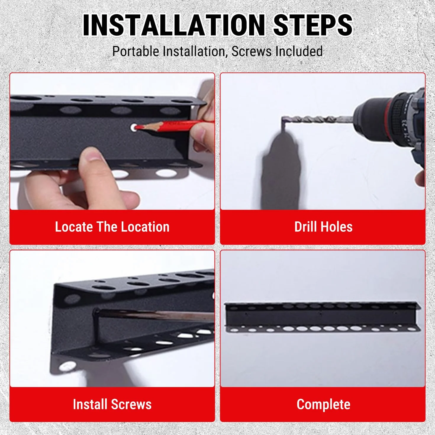 VOBOR Uchwyt na narzędzia ścienne 40 cm, 23 otwory 7,7 mm, uchwyt na śrubokręt, metalowy uchwyt na szczypce ze śrubami i rurką rozprężną, do garażu, warsztatu i stołu warsztatowego, model B
