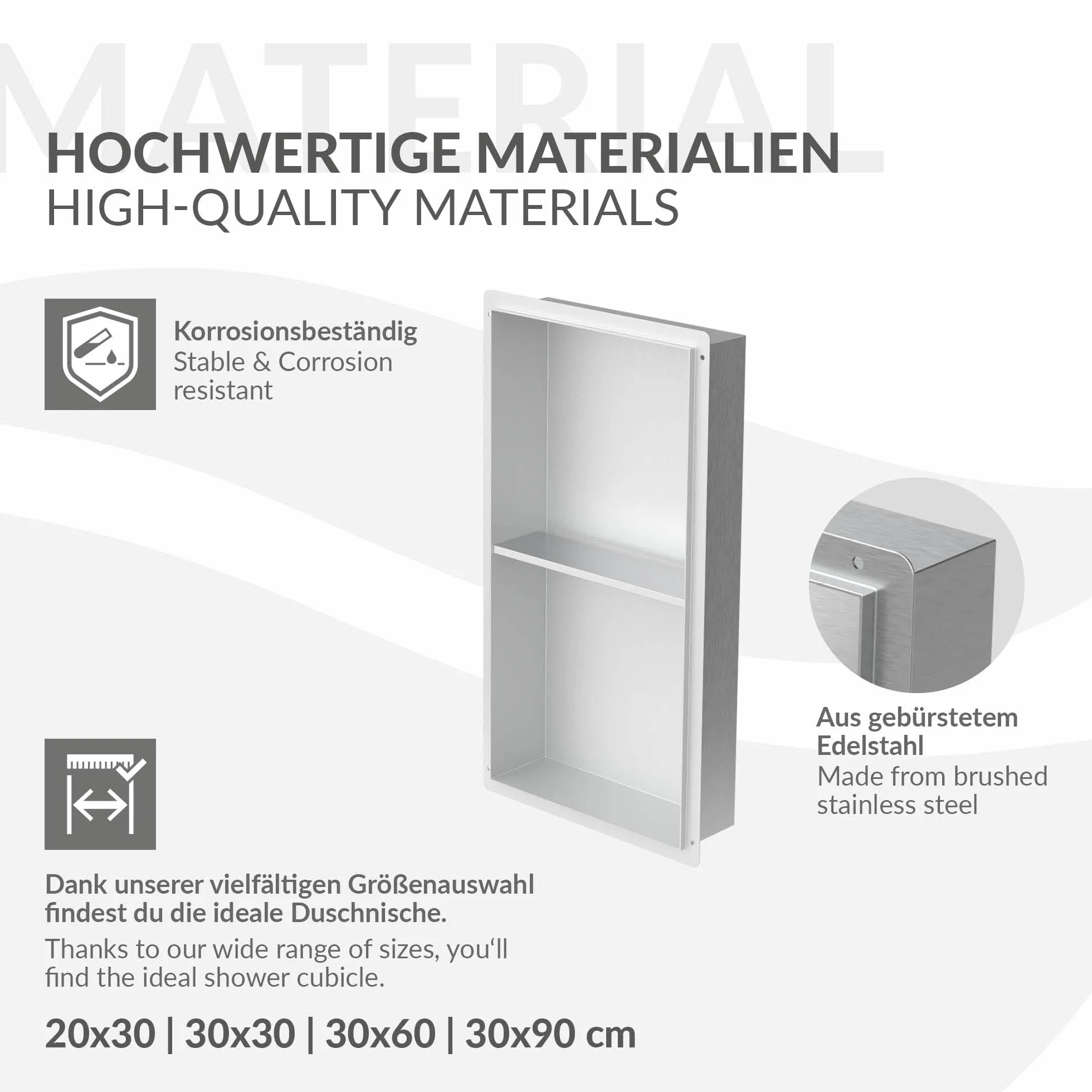 LuxeBath Nisza ścienna podwójna ze stali nierdzewnej 30x60x10 cm srebrna wneka prysznicowa bez obramowania