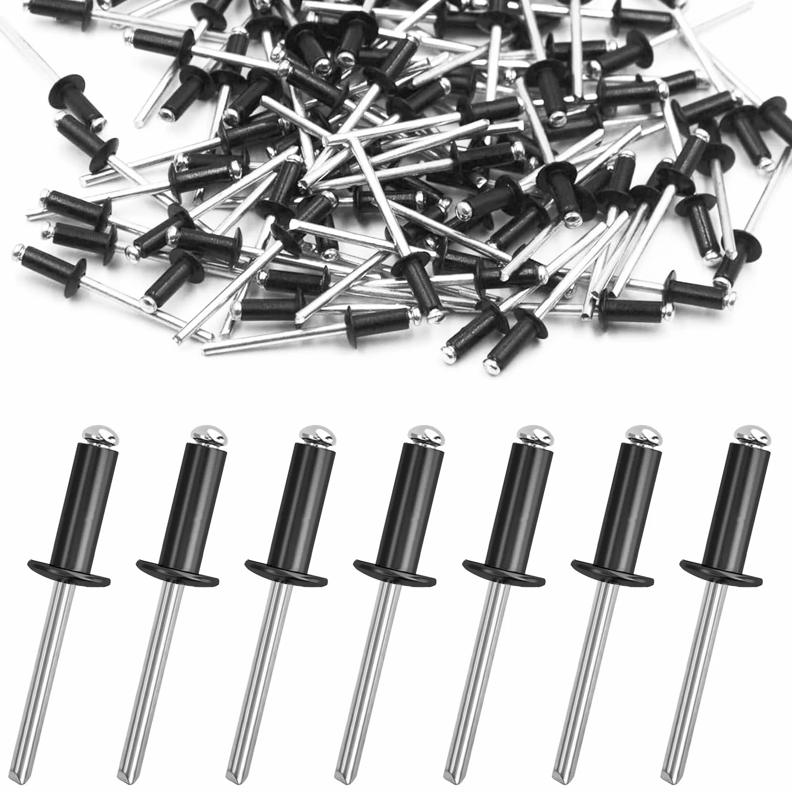 Nity zrywalne aluminiowe 4,8 x 20 mm z dużym kołnierzem, zestaw 150 sztuk, czarne