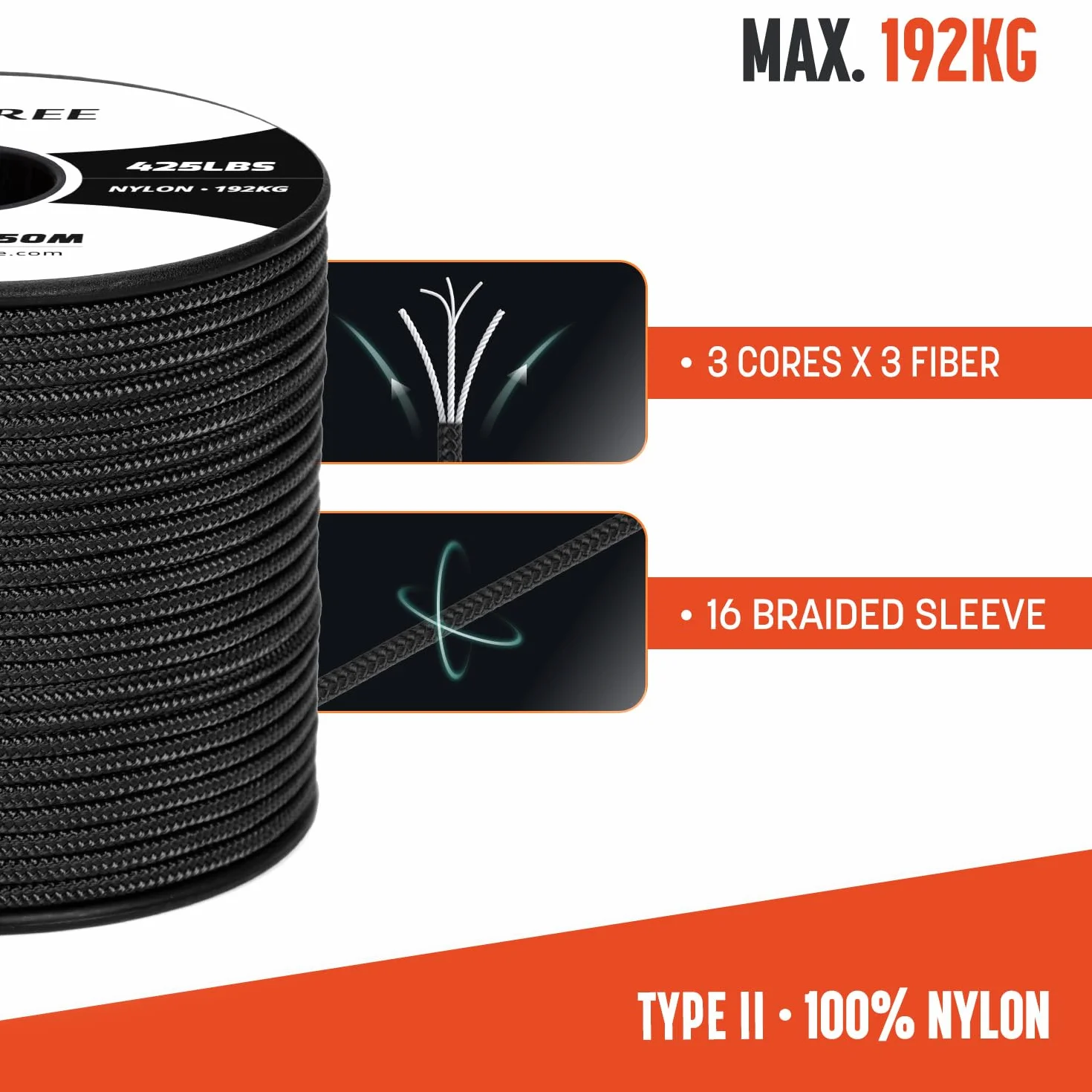 Brotree 3mm Paracord 425 100% Nylon 15M Sznurek 3-żyłowa Typ II Nylonowa Lina do Zewnątrz, Rzemieślnicze, DIY - Obciążenie Niszczące 192kg (Czarny)