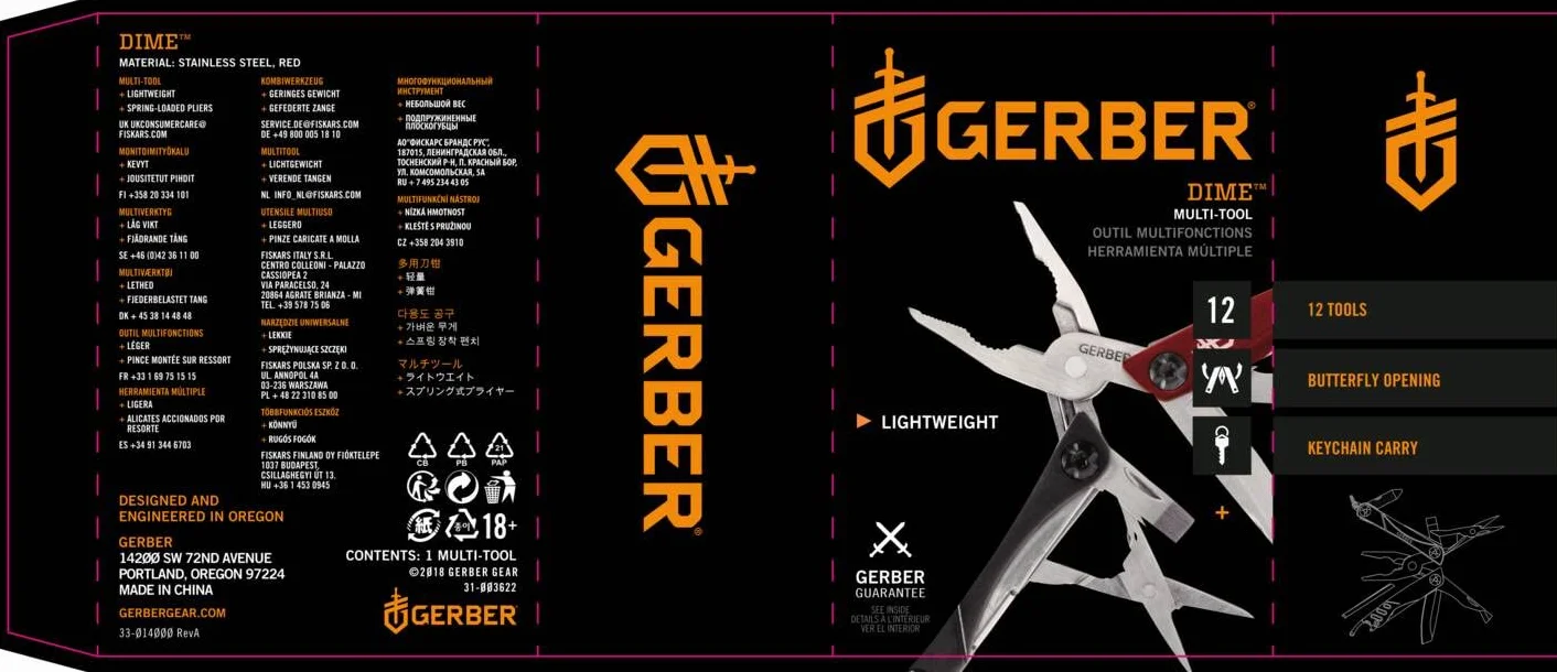 Gerber Dime Pocket Multi-tool Narzędzie wielofunkcyjne 12 funkcji czerwone 31-003622