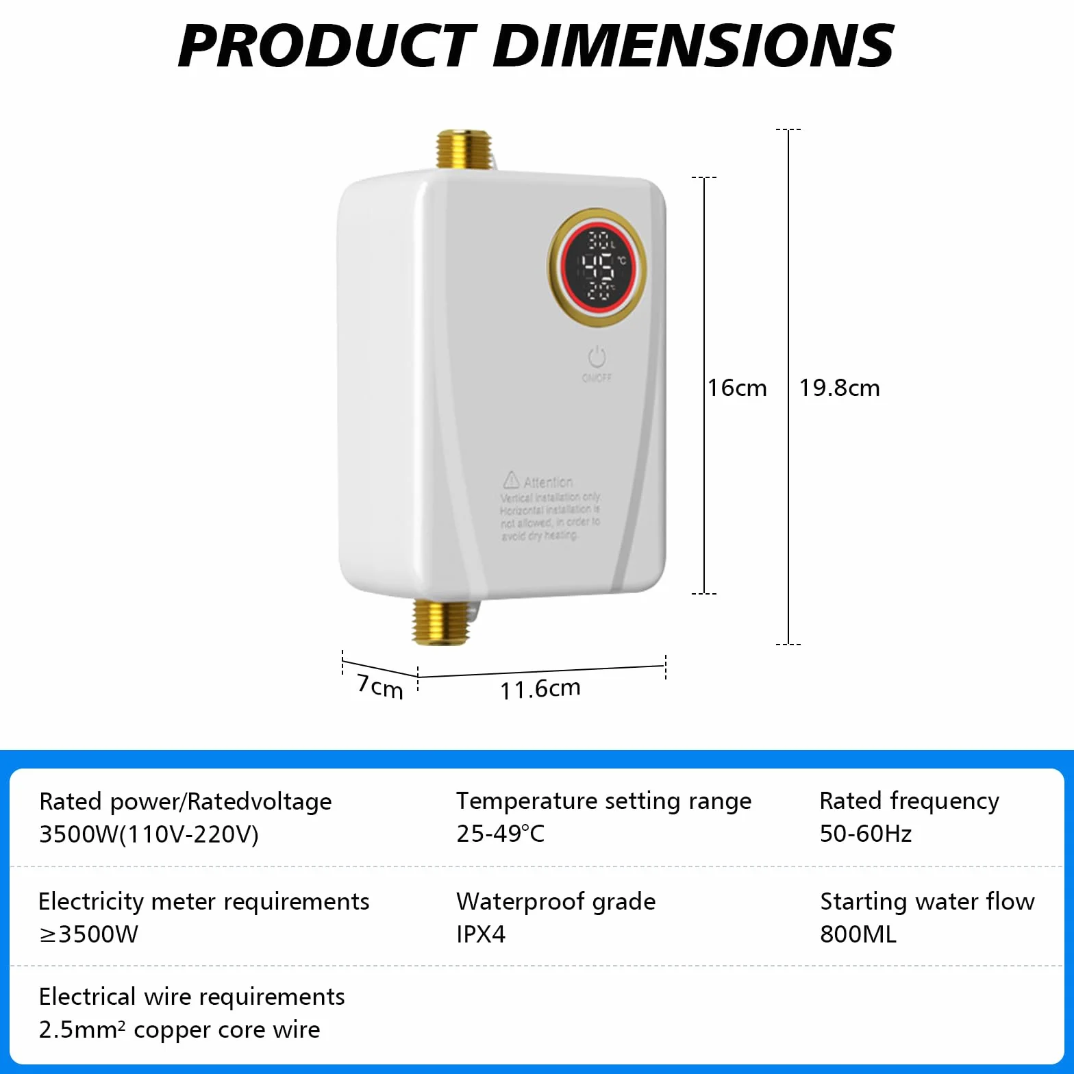 Elektroniczny podgrzewacz wody 220V 3500W bezzbiornikowy mini ze wskaźnikiem temperatury LED