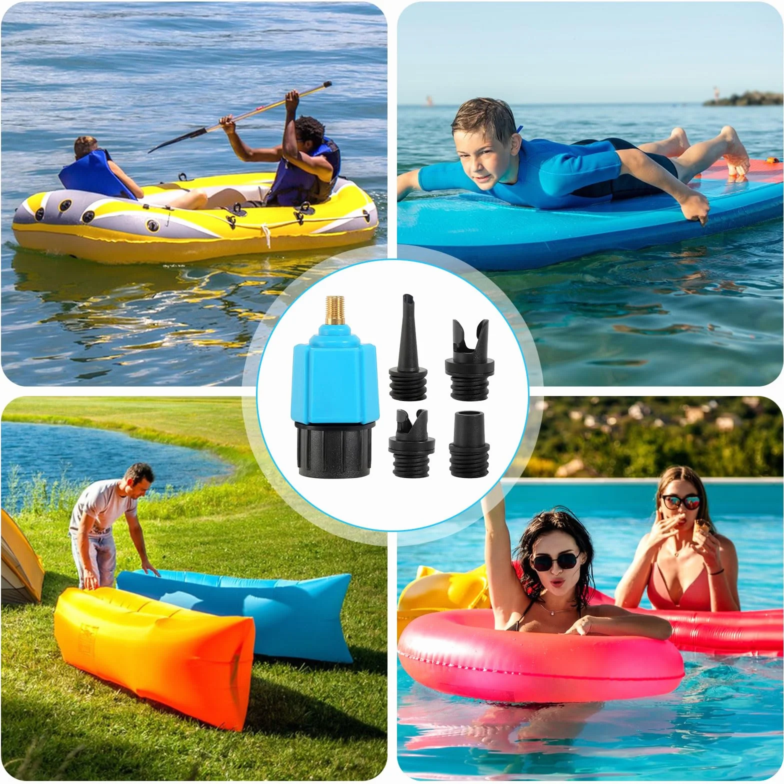 Adapter pompy SUP, adapter do pompy, adapter do pompy, konwerter z 4 dyszami gazowymi, adapter do zaworu SUP, Schrader, adapter do wentyli do pontonów, Stand Up Paddleboard, akcesoria do łóżka