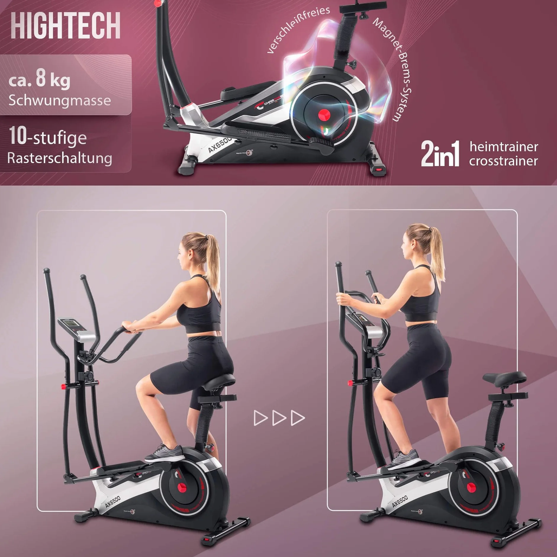 Christopeit AX 6500 trenażer domowy, hybrydowy 2 w 1 – elastyczny trenażer crossowy i domowy z 10-stopniowym oporem, wyświetlaczem LCD, czujnikami tętna i uchwytem na tablet