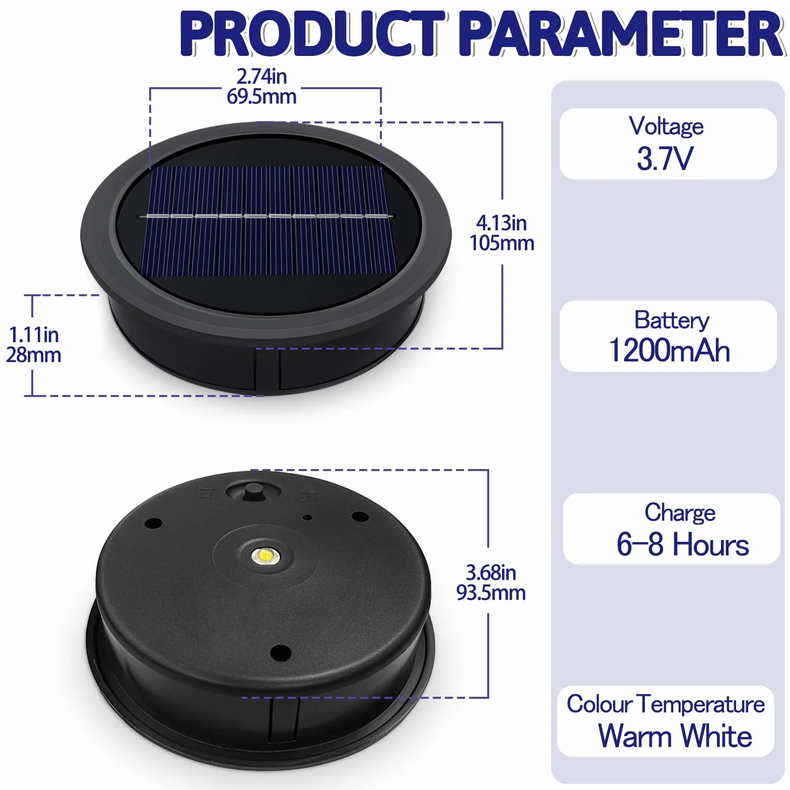 Wymienna górna część lampy solarnej 10,5 cm 3,7 V 1200 mAh IP44 ciepłe białe światło panel słoneczny 2 szt
