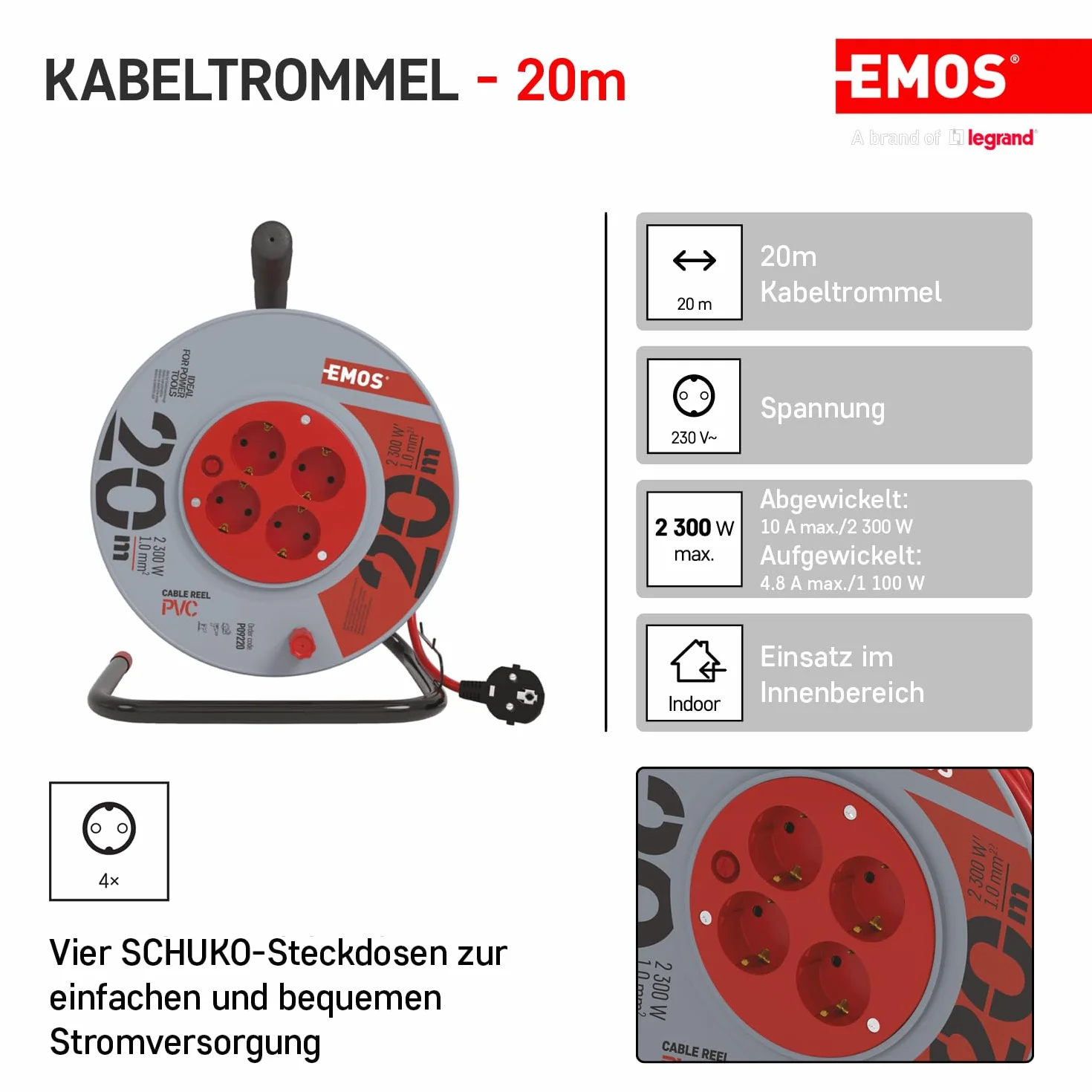 EMOS 4-Komora Kabeltrommel 20 m 3 x 1 Schuko DG-4ZR-DB04