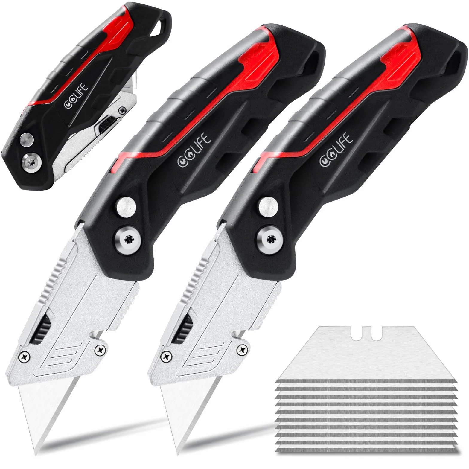 CCLIFE składany nóż uniwersalny do dywanów z 10 ostrzami ze stali nierdzewnej, Safety-Lock, czarno-czerwony