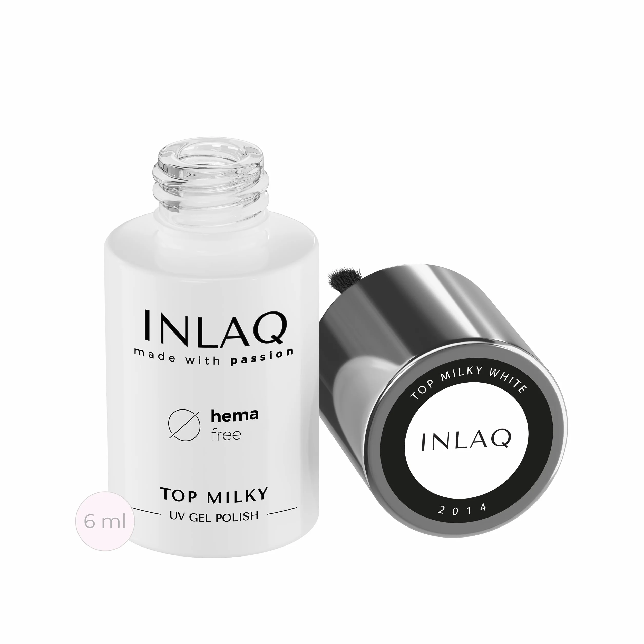 INLAQ® HEMA Free Top Milky White Coat 6 ml - Żelowy lakier UV Top Coat z mlecznym kolorem, 20% krycia Baby Boomer – Żelowy lakier nawierzchniowy Top Coat bez Hema i Di Hema…