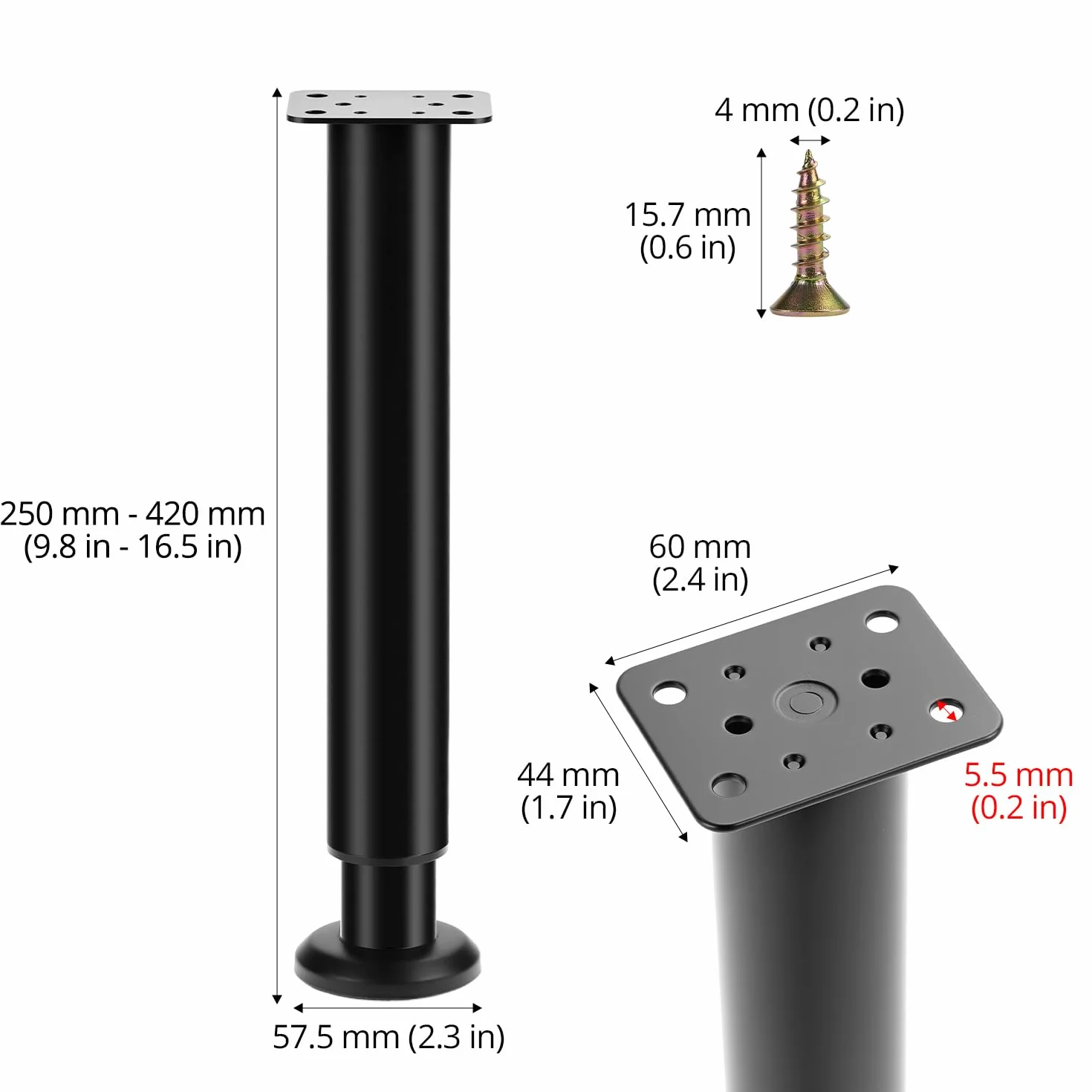 QWORK Zestaw 4 nóżek meblowych z regulacją wysokości 25-42 cm czarne