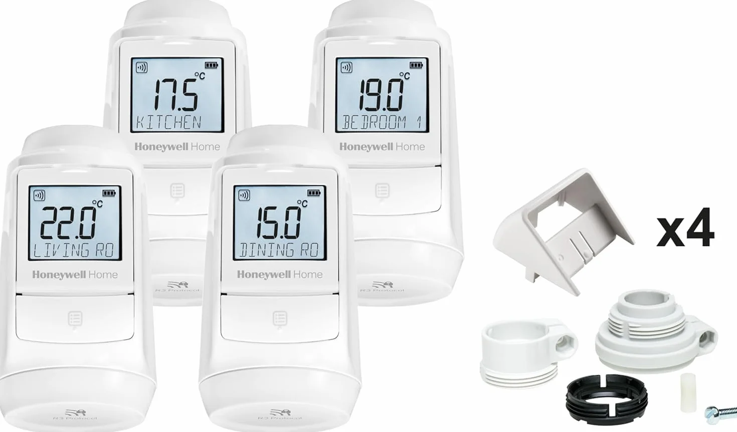 Honeywell Home Evohome termostat grzejnikowy 4 sztuki z adapterami – przestrzeń do pomieszczenia, kontrolowany komfort, prosty