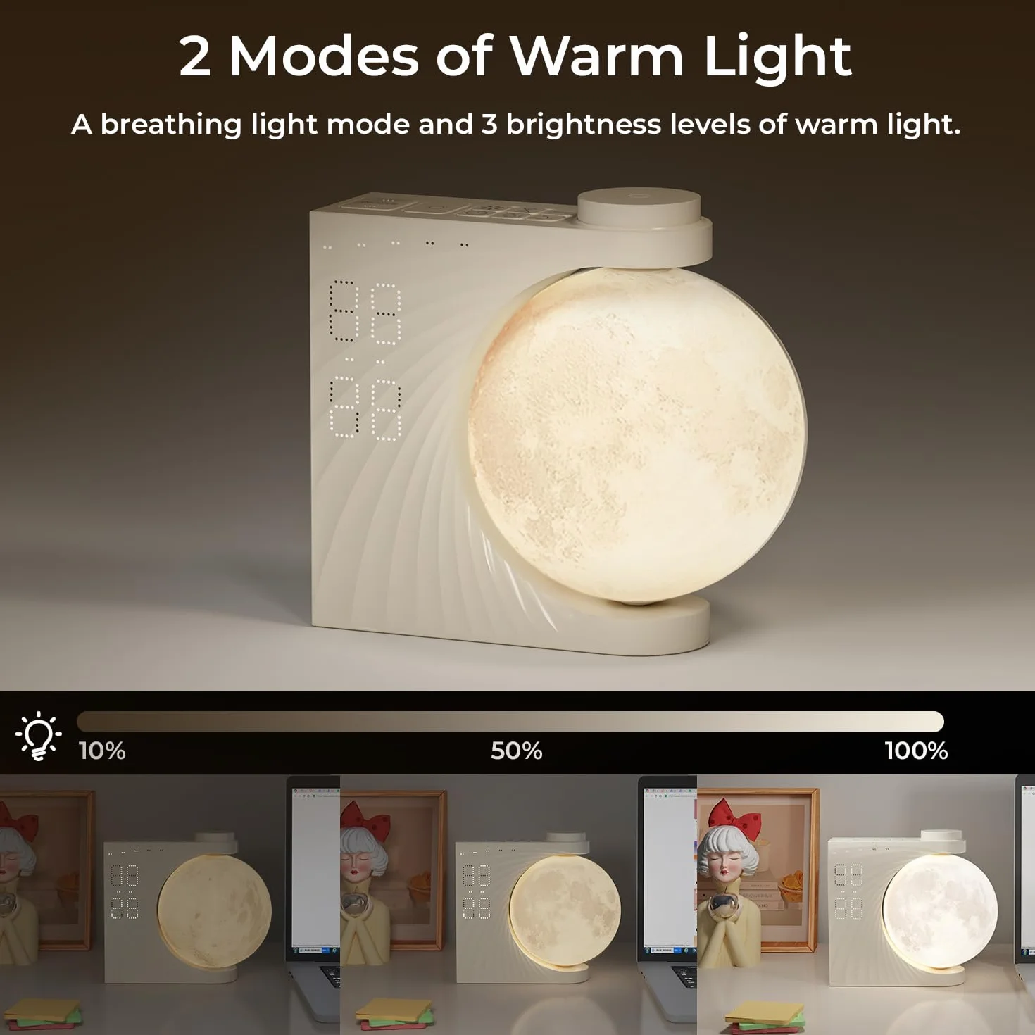 Lampa księżycowa ze świecącym budzikiem LED, 8 kolorów, podwójny alarm, drzemka, 10 dźwięków