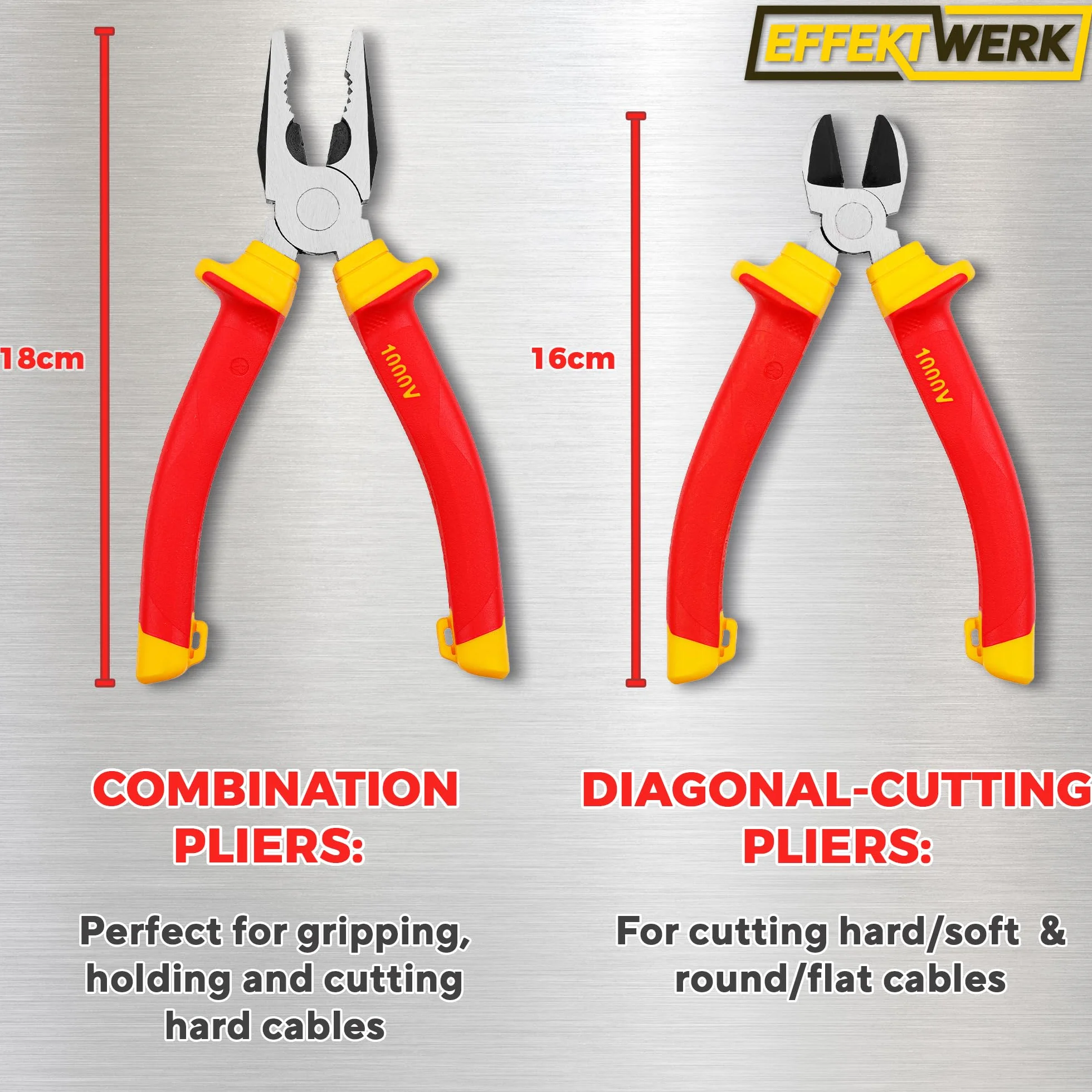 Electricians Pliers Set 3pc VDE Insulated Combination Long Nose Side Cutters