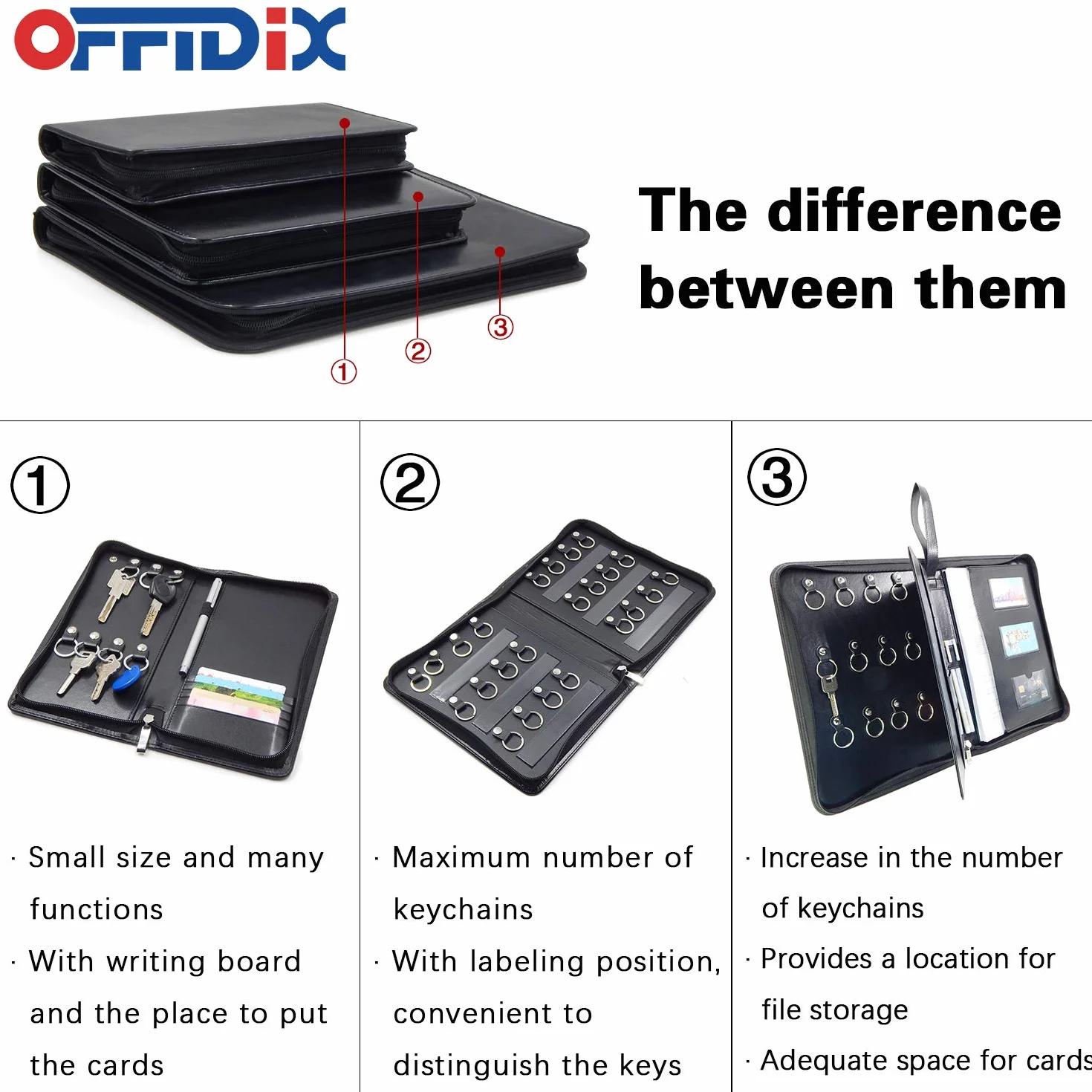 OFFIDIX Skórzany organizer na klucze z 24 haczykami, przenośne etui, czarny 8.25x9.8x1.57
