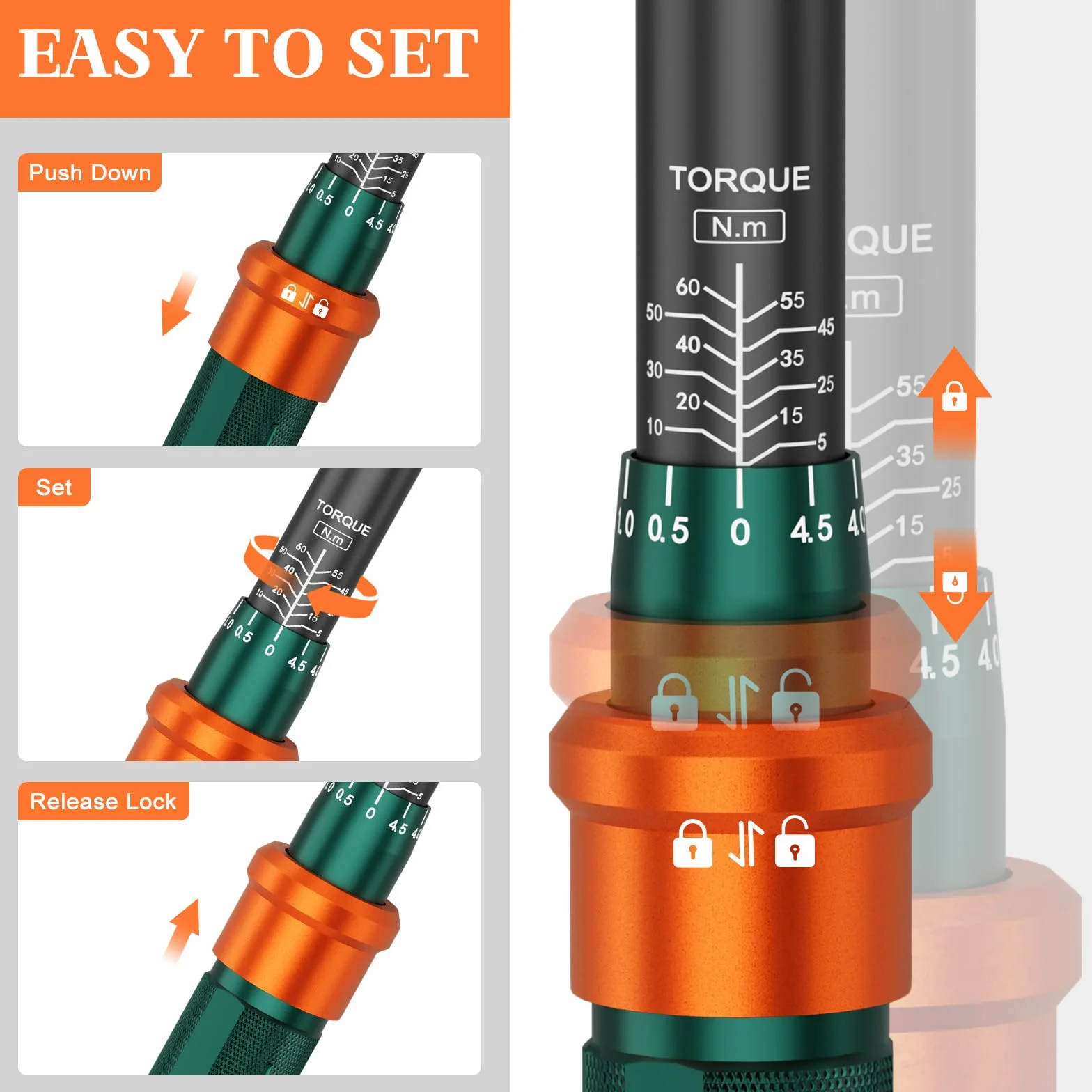 Klucz dynamometryczny 3/8" 5-60 Nm 72 zęby 10-częściowy zestaw z przedłużeniem 250 mm