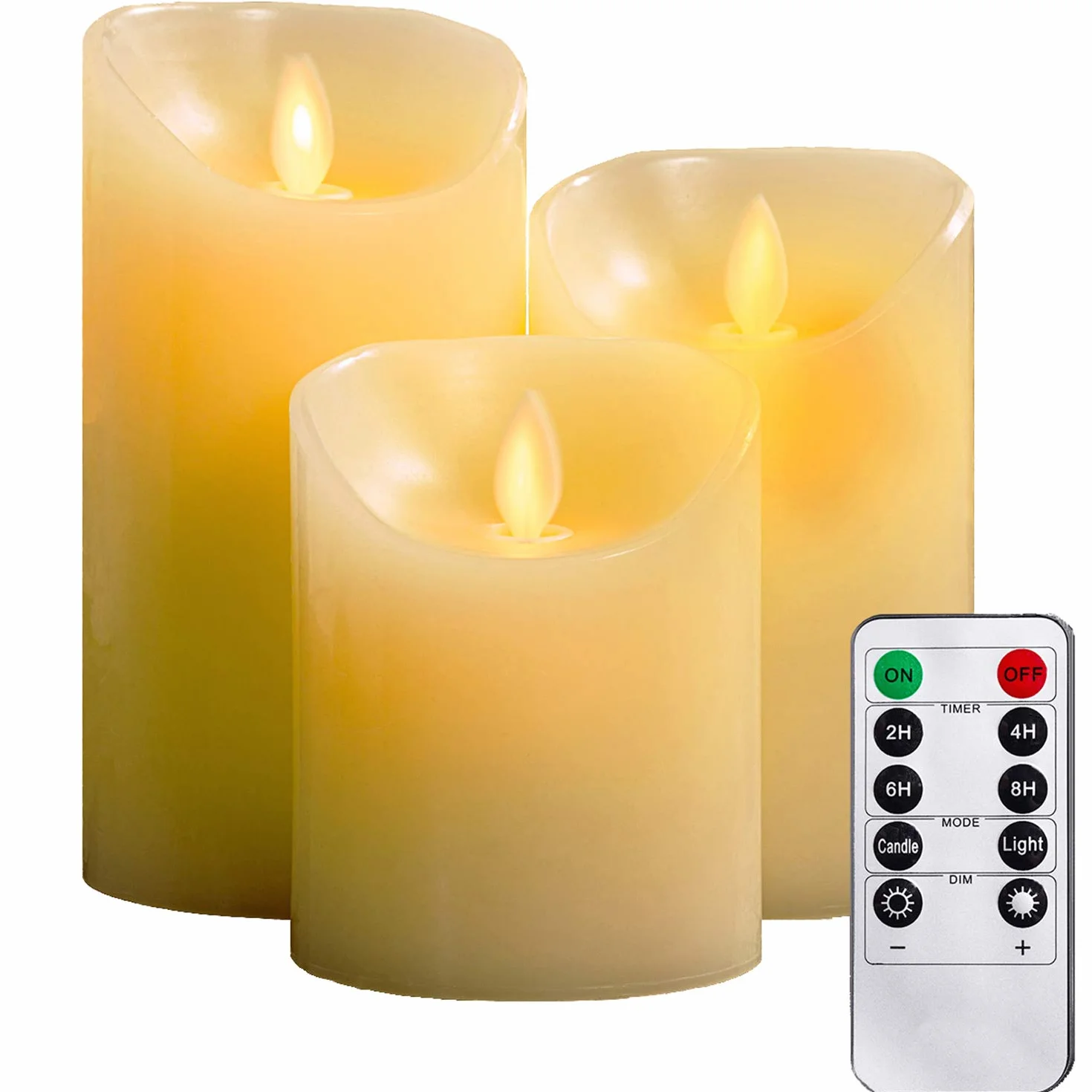 Świece LED bezpłomieniowe 4/5/6" zestaw 3 z prawdziwego wosku z tańczącymi płomieniami i pilotem zdalnego sterowania timer 2/4/6/8h 300h kość słoniowa