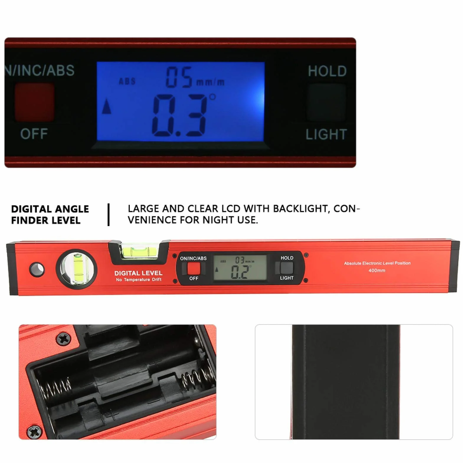 Cyfrowy kątomierz LCD poziomica 4 x 90° z magnesami czerwona