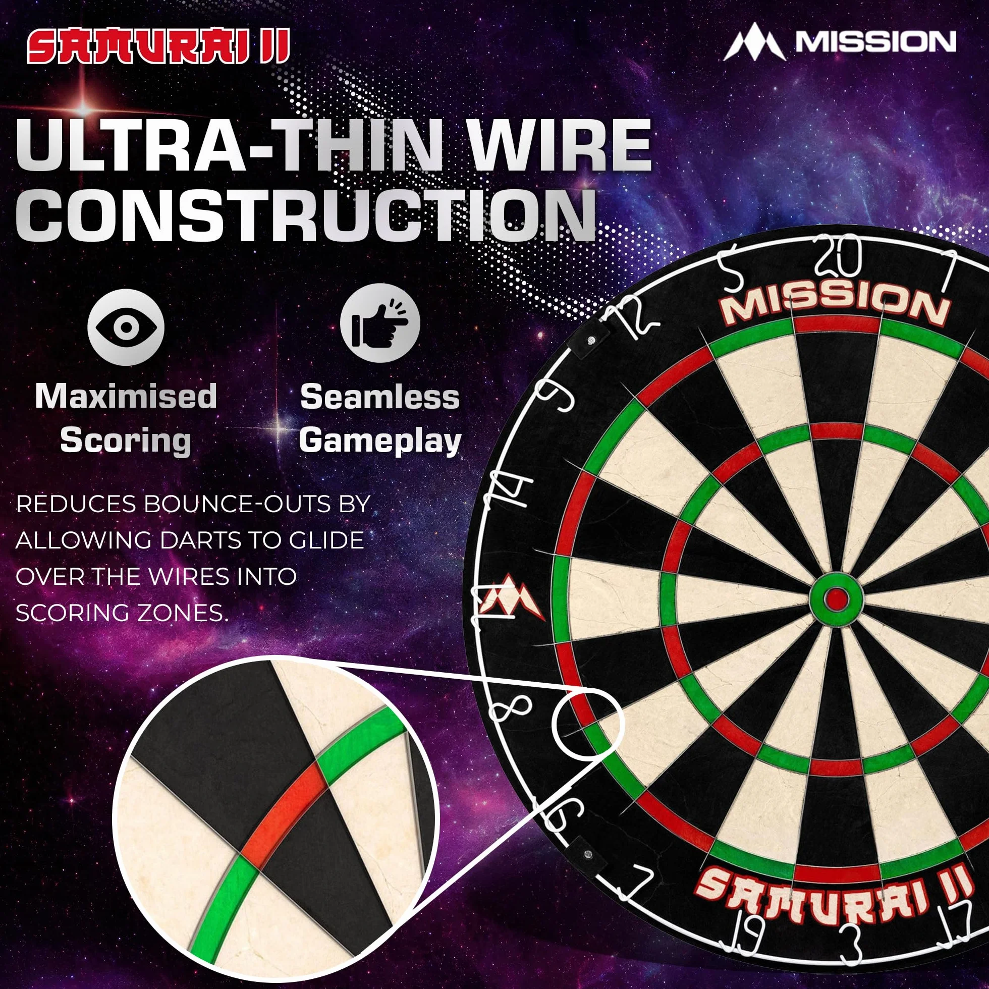 Mission Darts DB023 Samurai II | Profesjonalna tarcza w standardzie zawodowym do rzutek, z ultracienką konstrukcją drucianą i odpornymi na blaknięcie kolorami