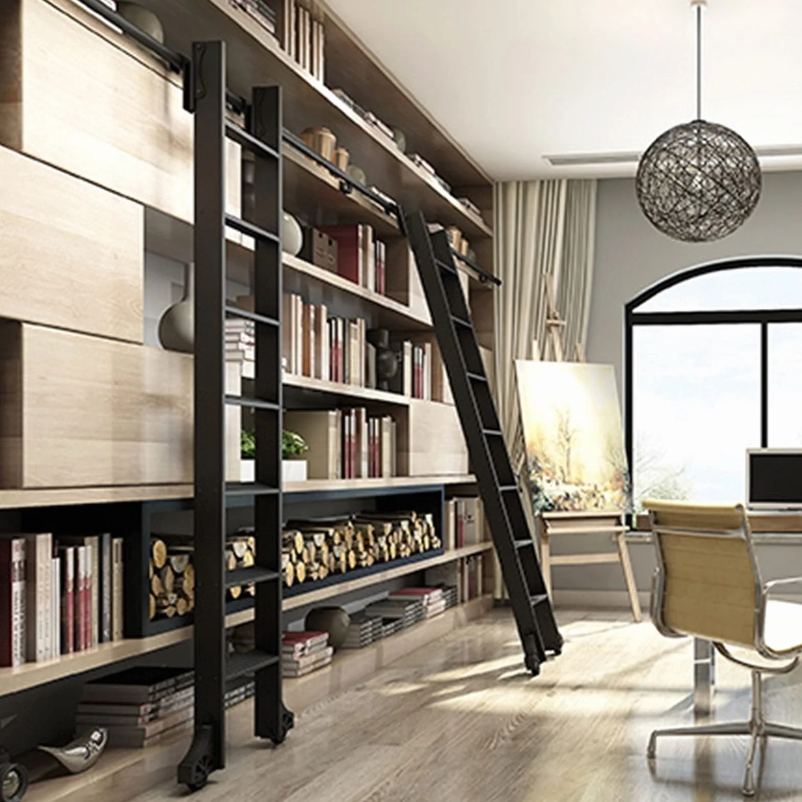Czarny zestaw biblioteki przesuwnej z okrągłą szyną 3 m