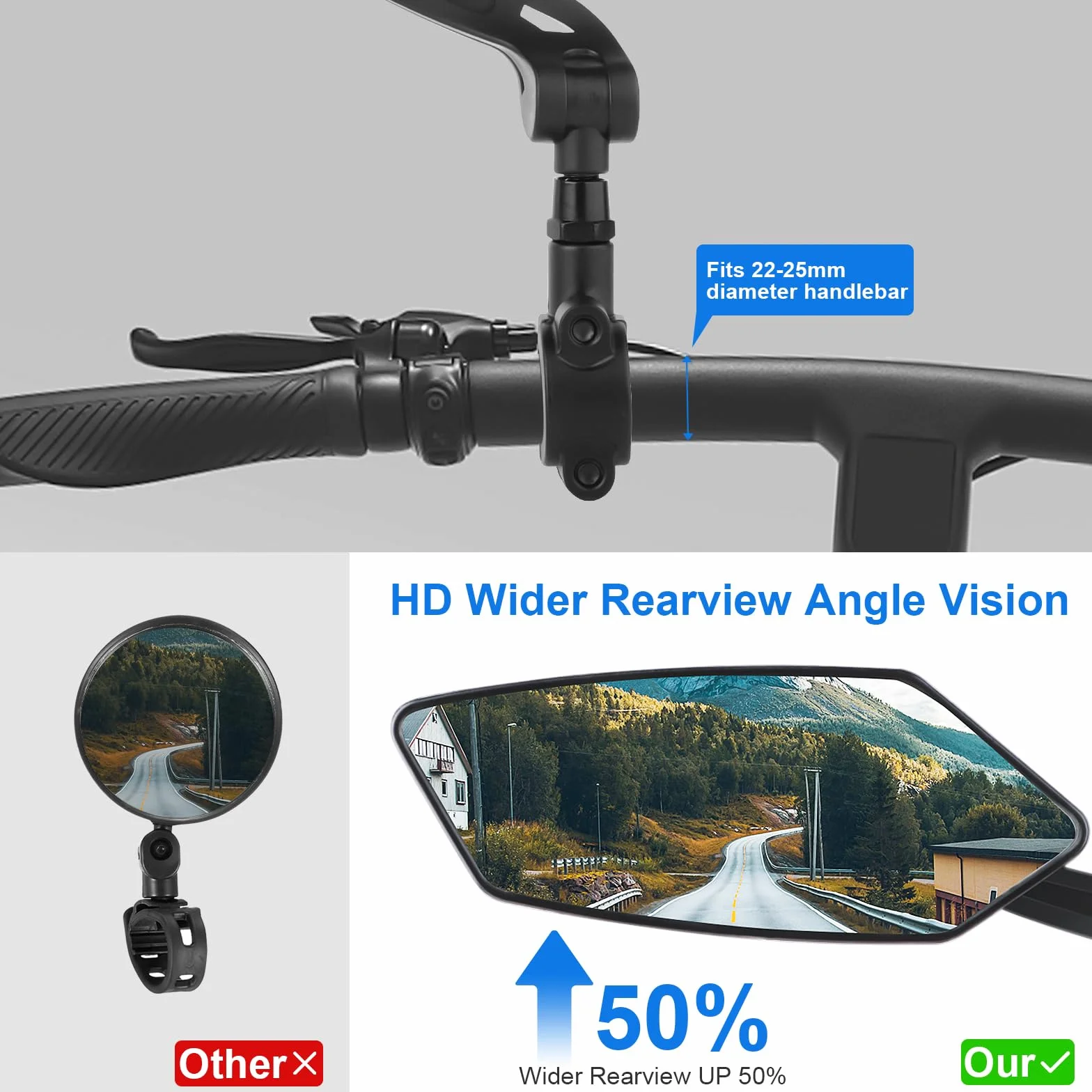 Lustro rowerowe, lewe lusterko rowerowe, szerokokątne lusterko rowerowe HD, regulowany kąt widzenia 360°, łatwy montaż, pasuje do kierownicy 22-25 mm, rozmiar lustra 14,5 x 5,5 cm