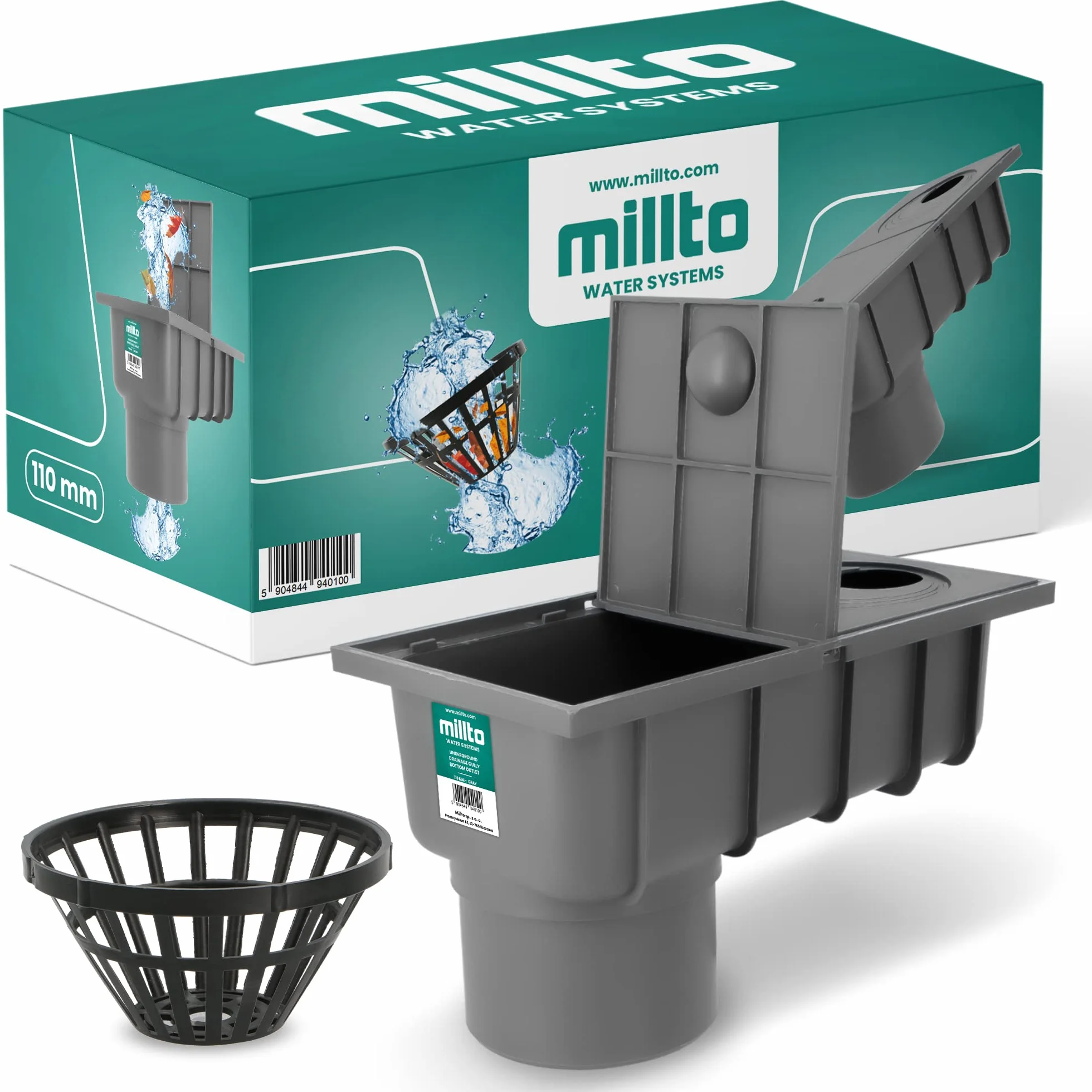 Millto™ Osadnik Rynny Dolny Czyszczak Rynnowy Studzienka Rewizja Plastikowa Rury Spustowej 110 mm Wpust z Pionowym Odpływem Deszczówki Sitko Odpływ Dachowy Szary