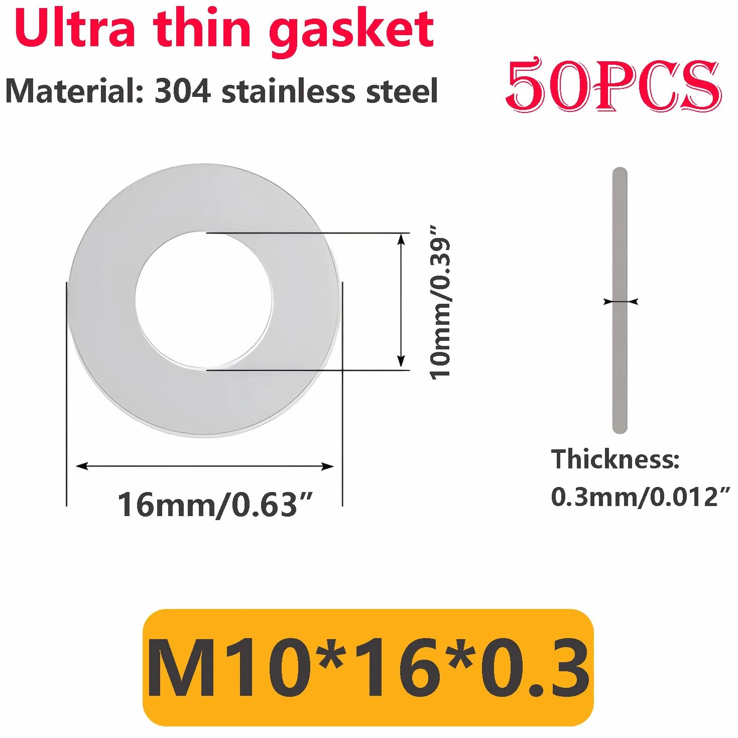 Podkładki ze stali nierdzewnej M10 płaskie 10x16x0.3mm 50 sztuk