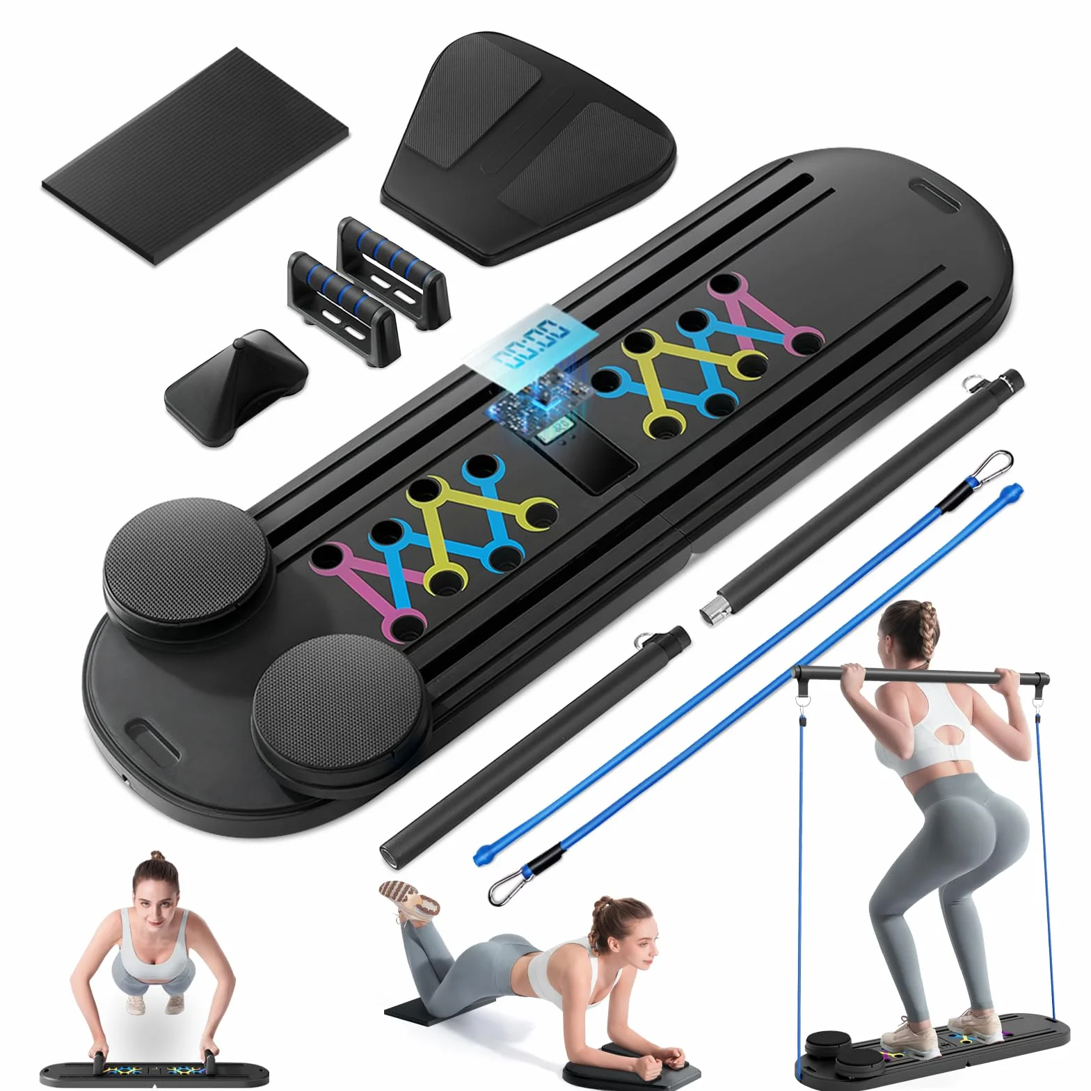 INSMEER Pilates Reformer Machine, składana deska do pilatesu w domu z automatycznym odbiciem, wielofunkcyjna deska do ćwiczeń Ab, lina napinająca, timer, 6 w 1, zestaw do ćwiczeń ciała