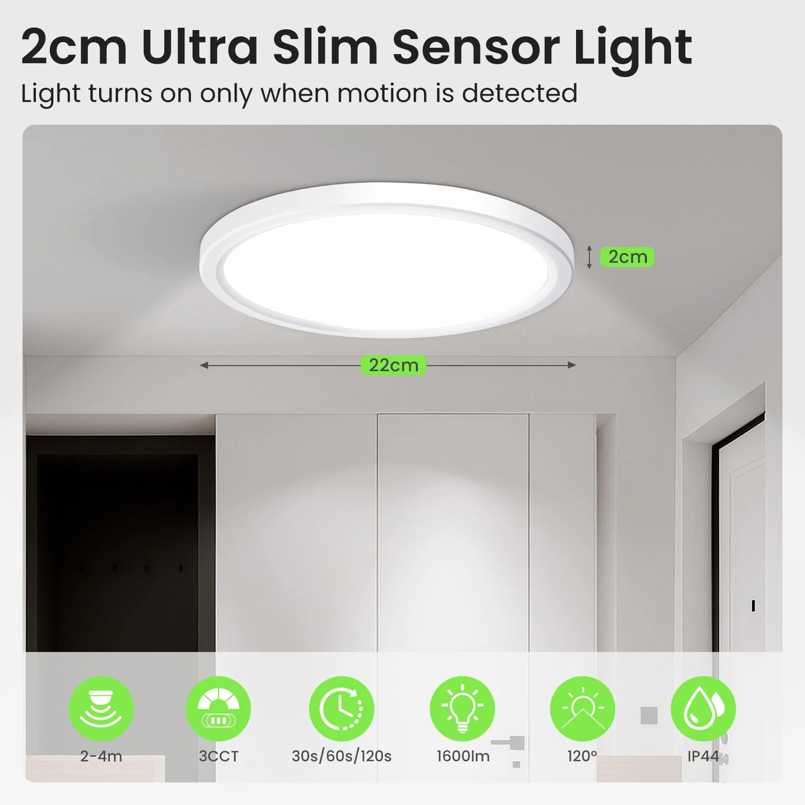 ALUSSO Lampa sufitowa LED z czujnikiem ruchu radarowym, 18 W 3CCT 3000K 4000K 6500K 1600LM, IP44