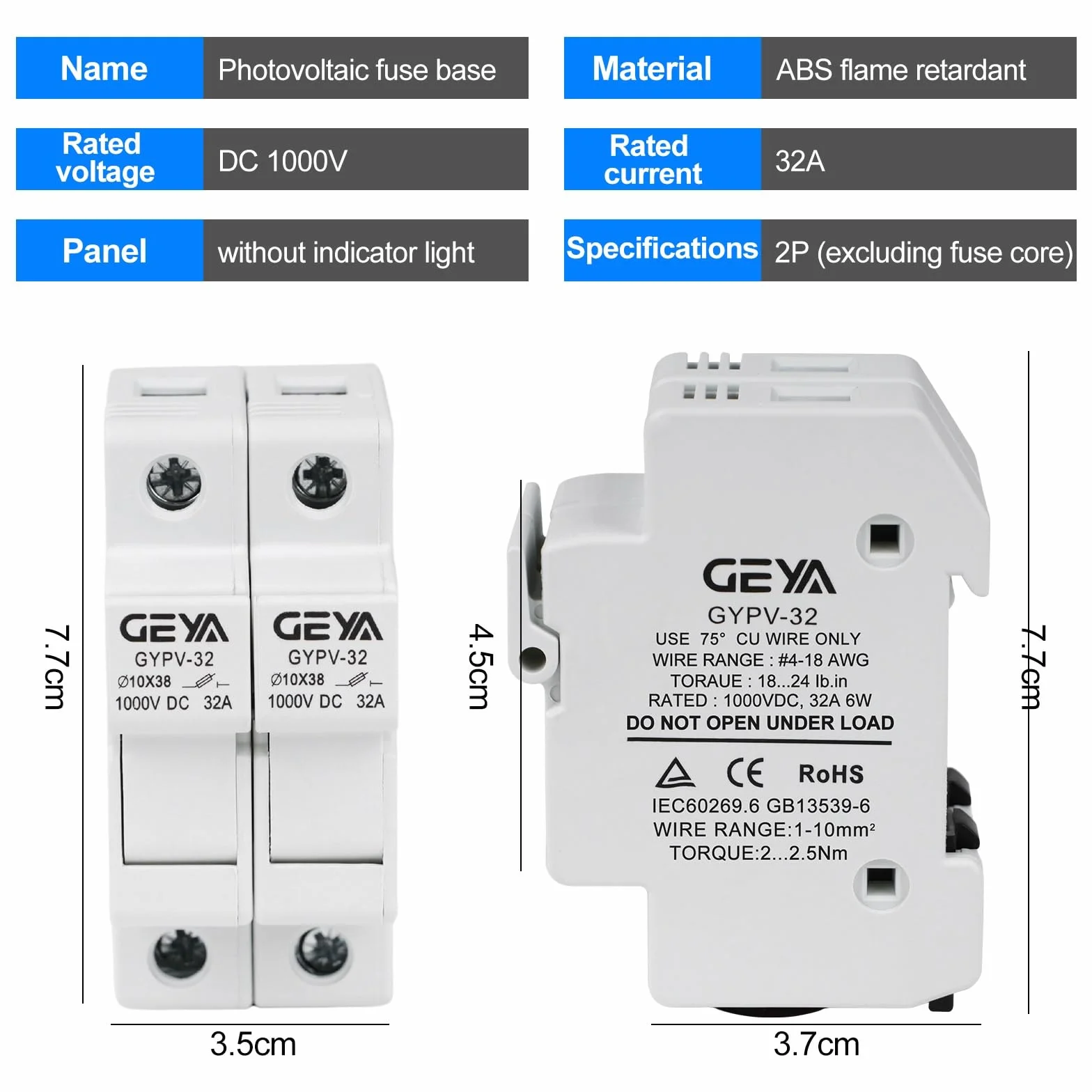 DEWIN Solarny uchwyt bezpiecznika PCW DC1000V 2P 32A 35 mm montaż na szynie DIN