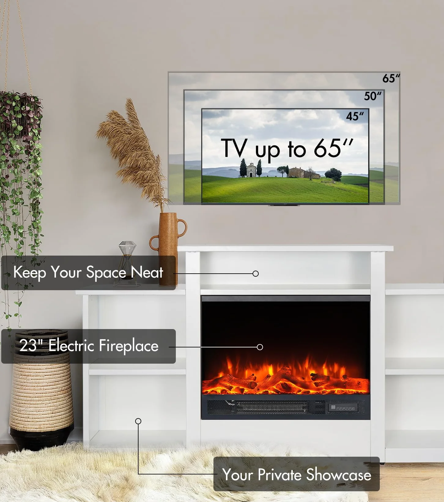M.C.Haus Kominek elektryczny ze stojakiem pod telewizor do 65" wytrzymała powierzchnia żelazna 5 otwartych półek 58,4 cm