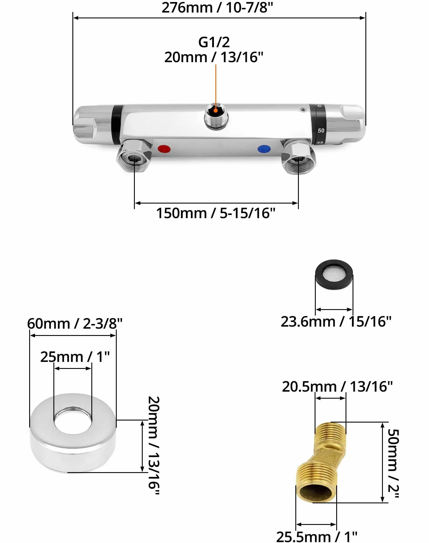 QWORK® termostatyczny kran prysznicowy, zawór G1/2" wylot, mosiężny mikser, stała regulacja temperatury do łazienki