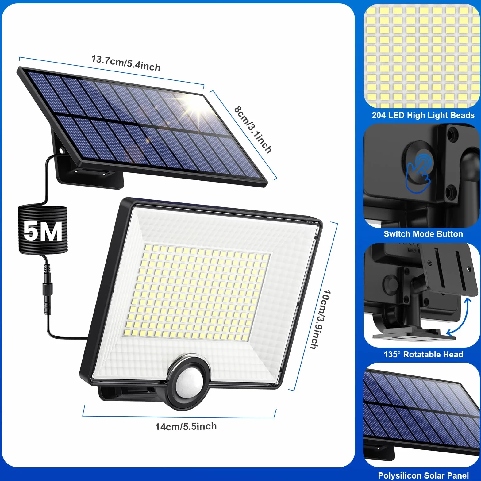 Zewnętrzna lampa solarna z czujnikiem ruchu 204 LED 2000 lm IP65 Reflektor LED z kablem 5 m