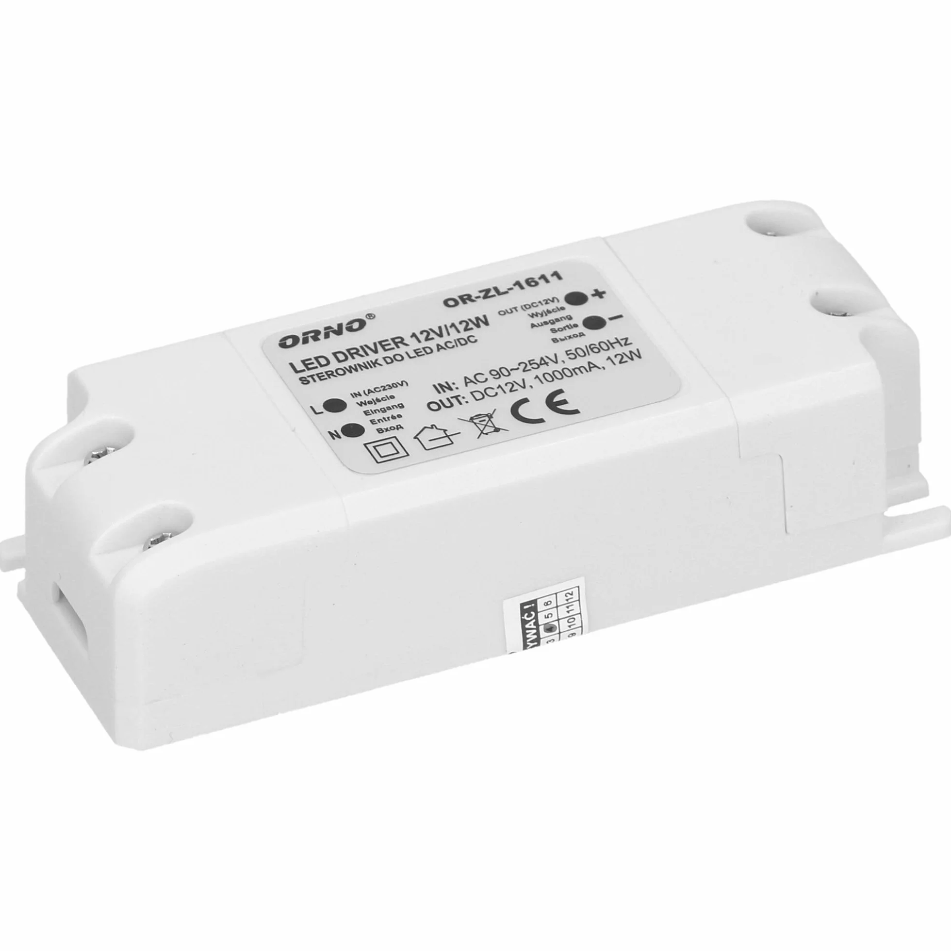 Orno Transformator 12 V (90 VAC-254VAC do 12 VDC) do żarówek LED G4 MR11 MR16 GU5.3 LED (6W-50W), IP20 (12W)