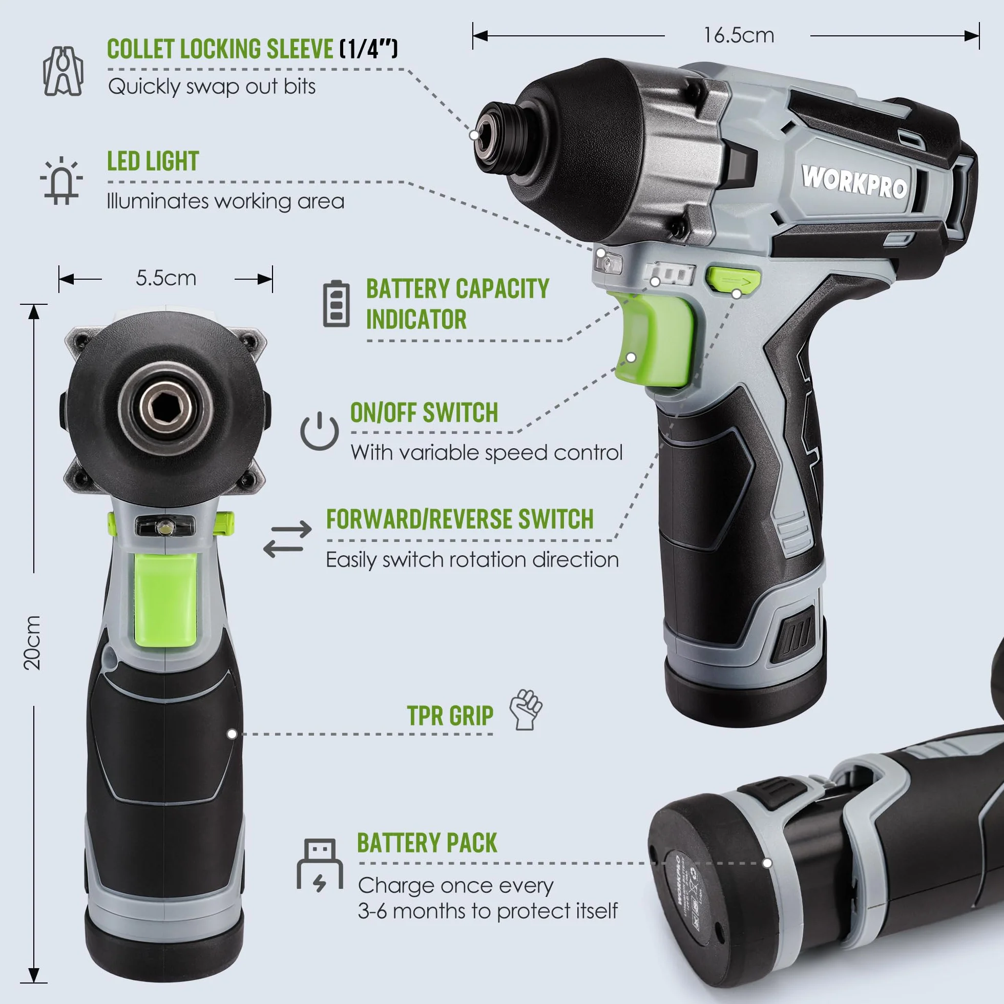 WORKPRO Akumulatorowa wkrętarka udarowa 12V 2,0Ah 1/4" sześciokątna z 14 akcesoriami i torbą