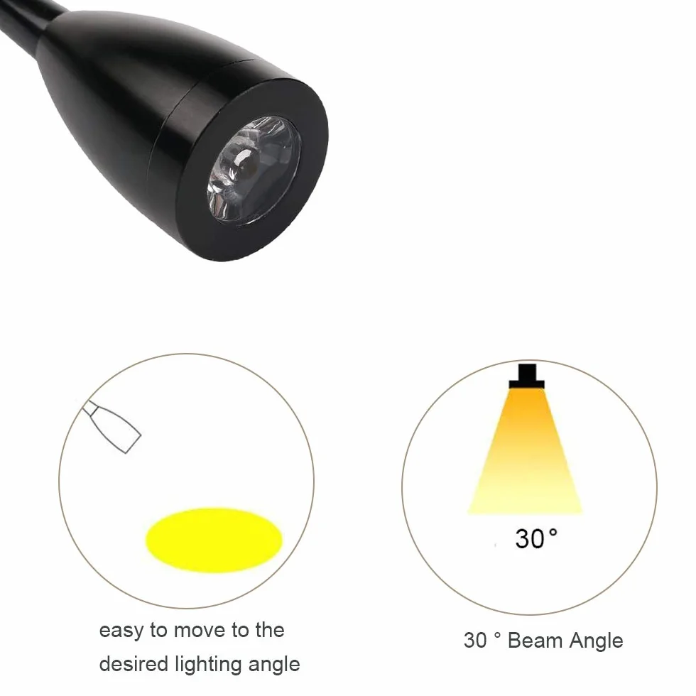 Lampa LED do czytania Yangli 3W 3000K czarno-ciepła biel z włącznikiem i wtyczką